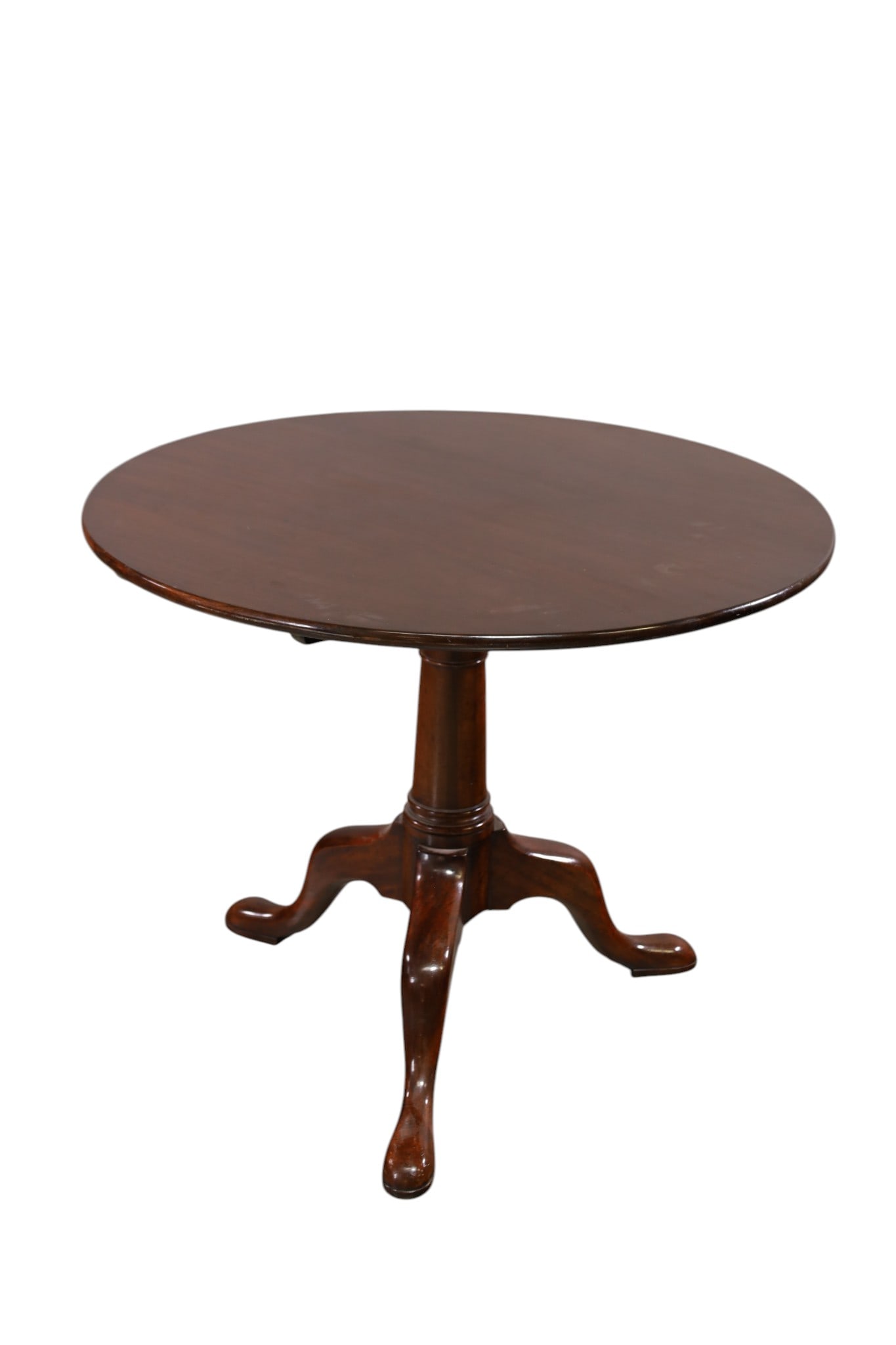 MAHOGANY TILT TOP TABLE: LARGE MAHOGANY TILT TOP TABLE, TRI LEG BASE. 36" DIAM x 30" H. THIS ITEM EXCEEDS SIZE LIMITATIONS FOR IN HOUSE SHIPPING, MUST BE PICKED UP IN HOUSE OR SHIPPED VIA 3rd PARTY GROUND SHIPPER.