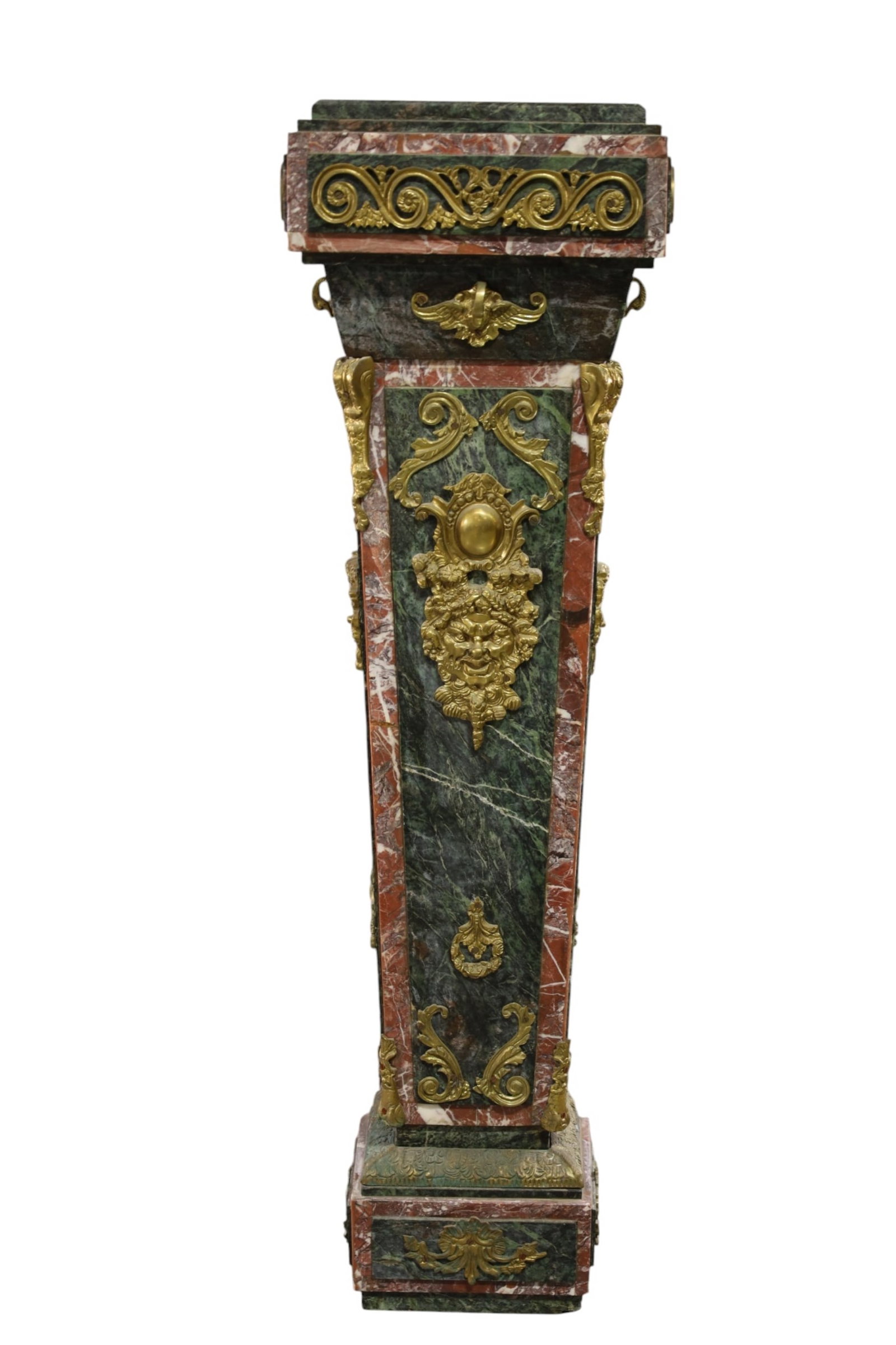 FRENCH STYLE MARBLE PEDESTAL: TWO TONE MARBLE PEDESTAL MOUNTED ON WOOD WITH BRONZE MOUNTS, 15" W x 11" D x 55" H. CHIP TO CORNER. THIS ITEM EXCEEDS SIZE LIMITATIONS FOR IN HOUSE SHIPPING, MUST BE PICKED UP IN HOUSE OR SHIPPED VIA