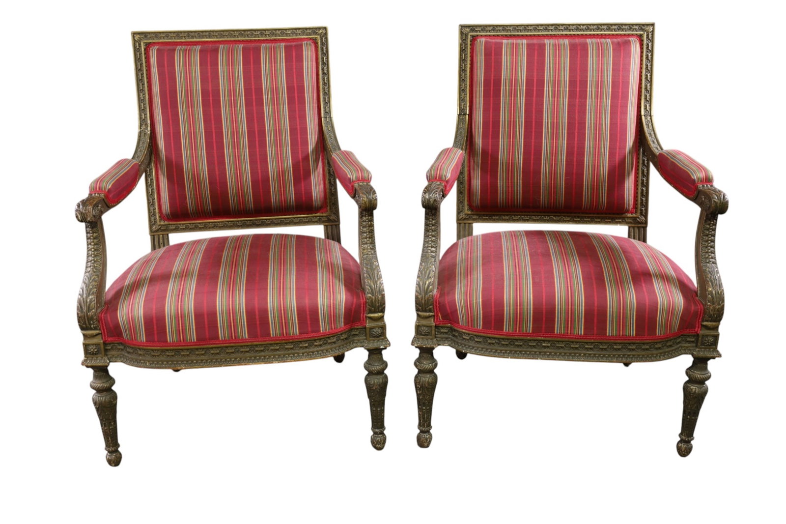 PAIR OF FRENCH ARMCHAIRS: PAIR OF FRENCH LOUIS XVI STYLE ARMCHAIRS, REUPHOLSTERED. MINOR WAR TO FRAMES. 28" W x 24" D x 40" H. THIS ITEM EXCEEDS SIZE LIMITATIONS FOR IN HOUSE SHIPPING, MUST BE PICKED UP IN HOUSE OR SHIPPED