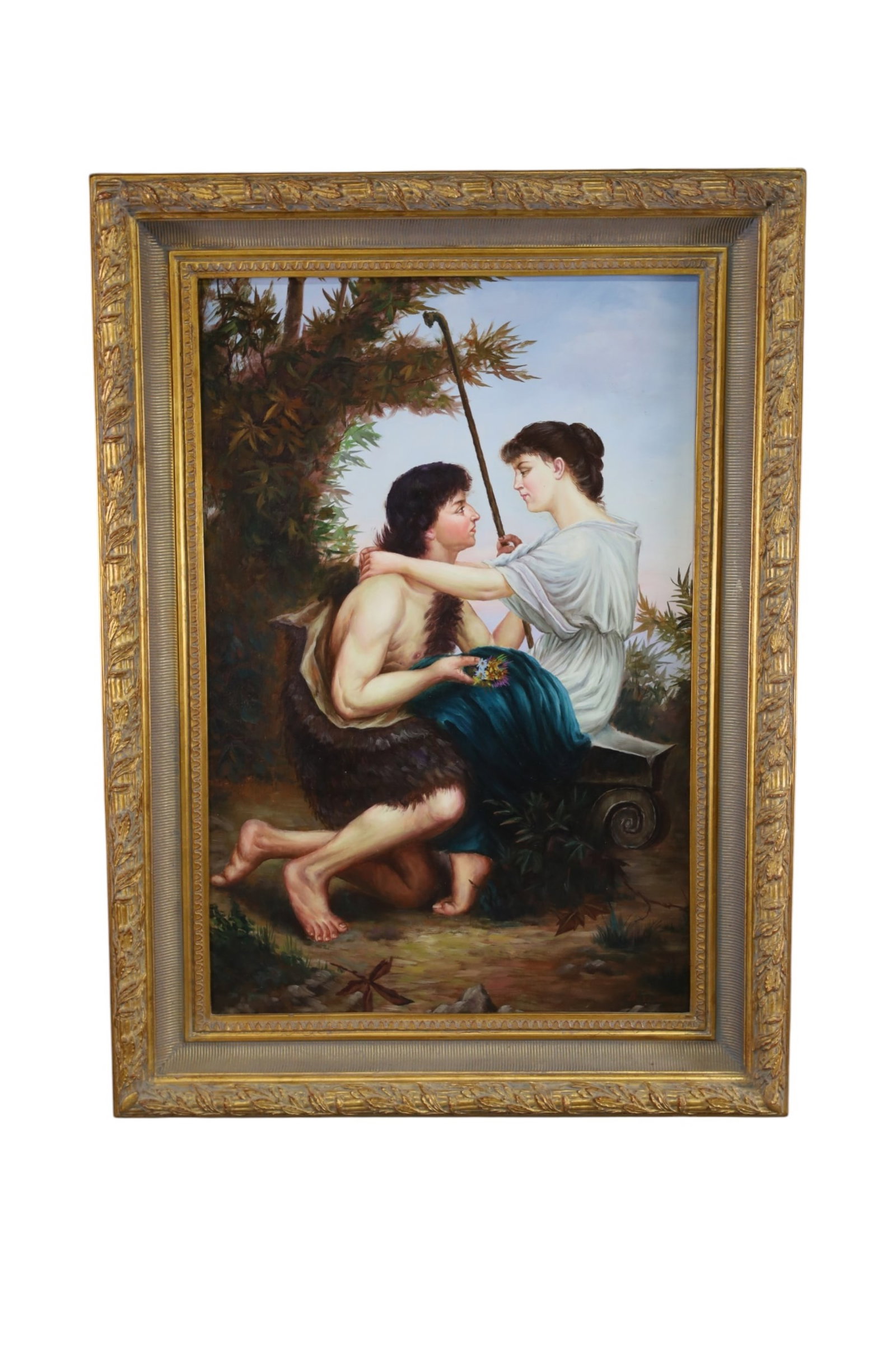 LARGE CONTEMPORARY WALL HANGING: CANVAS WALL ART, IN GILT FRAME. TITLED DAPHNIS & CHLOE. 44" x 32" THIS ITEM EXCEEDS SIZE LIMITATIONS FOR IN HOUSE SHIPPING, MUST BE PICKED UP IN HOUSE OR SHIPPED VIA 3rd PARTY GROUND SHIPPER.