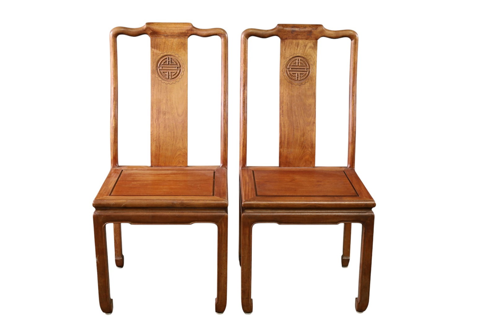 PAIR OF CHINESE HARDWOOD CHAIRS: PAIR OF CHINESE HARDWOOD SIDE CHAIRS, MINOR WEAR TO FINISH. 18" W x 17" D x 38" H. THIS ITEM EXCEEDS SIZE LIMITATIONS FOR IN HOUSE SHIPPING, MUST BE PICKED UP IN HOUSE OR SHIPPED VIA 3rd PARTY GROUND