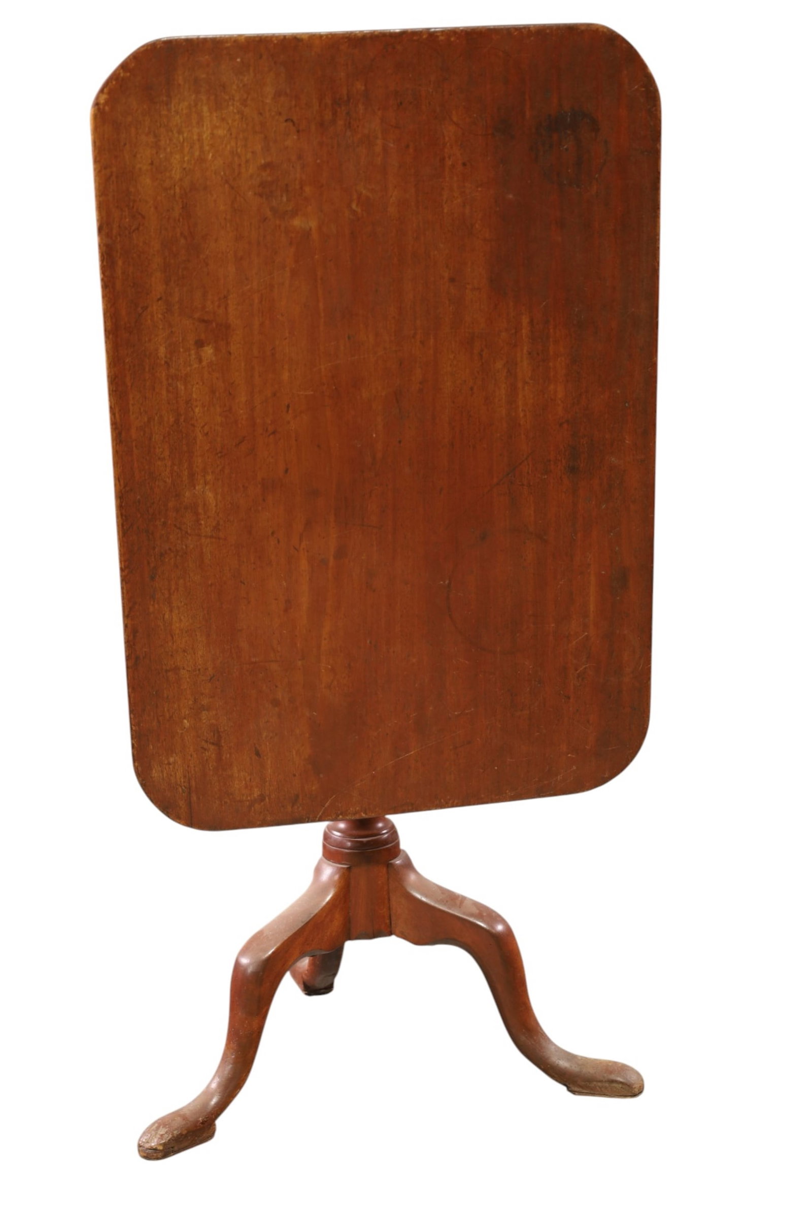 19TH CENTURY TILT TOP TABLE: EARLY AMERICAN TILT TOP TABLE, MINOR WEAR TO FINISH. 32" W x 22" D x 28" H. THIS ITEM EXCEEDS SIZE LIMITATIONS FOR IN HOUSE SHIPPING, MUST BE PICKED UP IN HOUSE OR SHIPPED VIA 3rd PARTY GROUND
