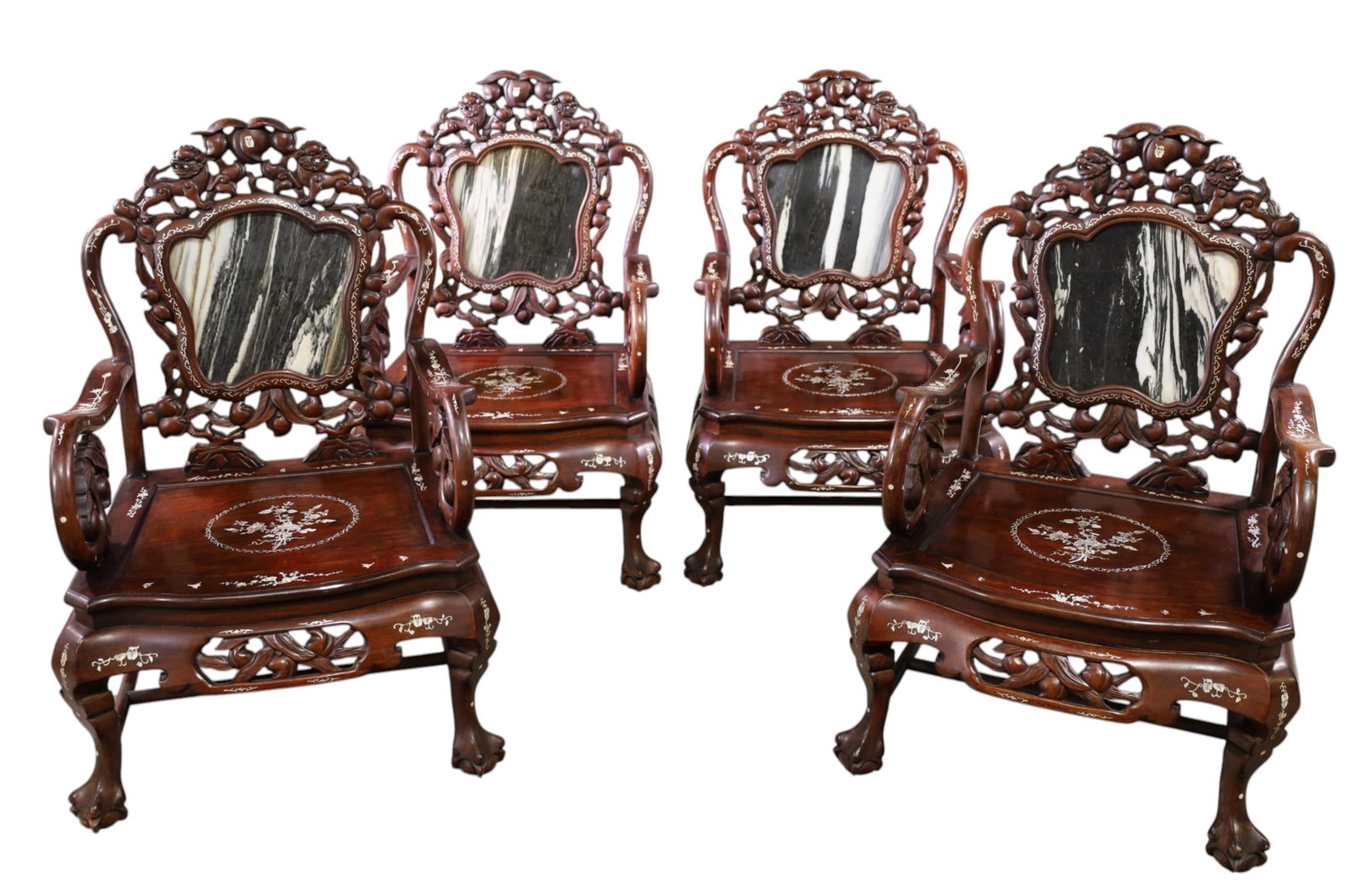 SET OF 4 CHINESE ARMCHAIRS: SET OF 4 HIGHLY CARVED CHINESE HARDWOOD ARMCHAIRS, MOTHER OF PEARL INLAY, INSET MARBLE BACKS, 25" W x 23" D x 38" H. THIS ITEM EXCEEDS SIZE LIMITATIONS FOR IN HOUSE SHIPPING, MUST BE PICKED UP IN