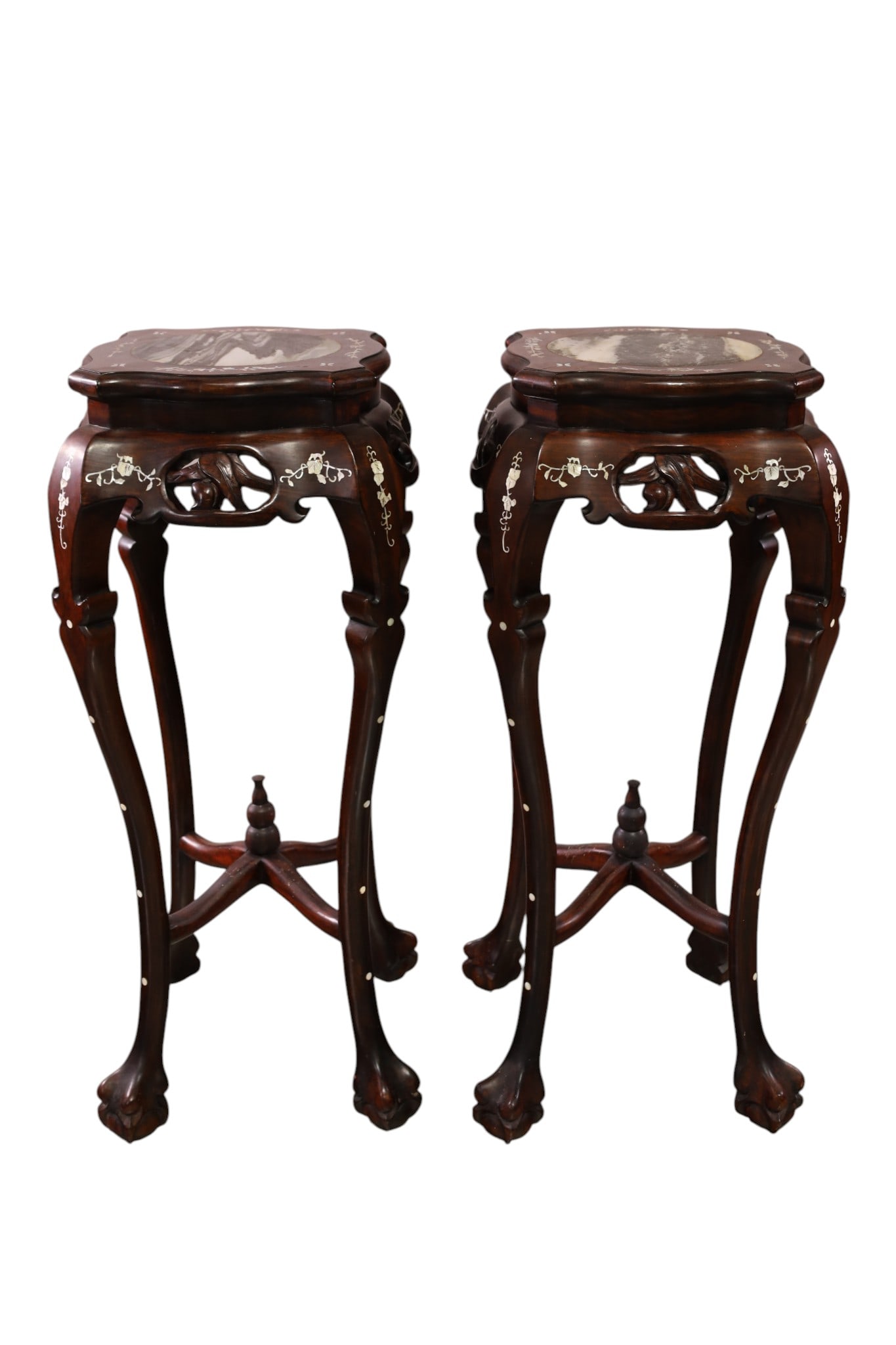 PAIR OF CHINESE FERN STANDS: PAIR OF CARVED CHINESE HARDWOOD FERN STANDS, MOTHER OF PEARL INLAY, INSET MARBLE TOP. 12" x 12" x 33" H. THIS ITEM EXCEEDS SIZE LIMITATIONS FOR IN HOUSE SHIPPING, MUST BE PICKED UP IN HOUSE OR