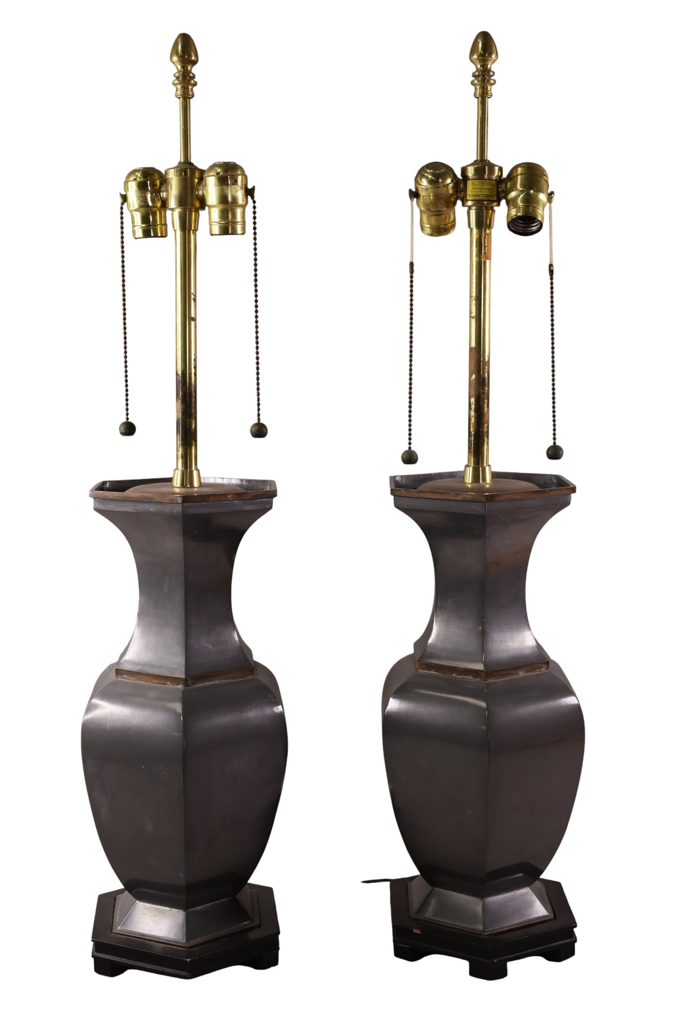 PAIR OF MARBRO TABLE LAMPS: PAIR OF MARBRO TABLE LAMPS, DOUBLE SOCKET. NO SHADES. 33" H. MISSING ONE FOOT ON WOODEN BASE.