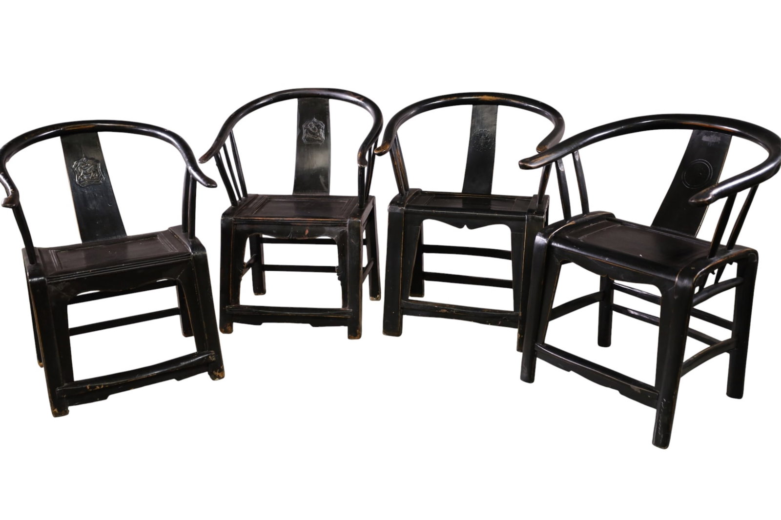 SET OF 4 CHINESE ARMCHAIRS: SET OF 4 CHINESE HARDWOOD HORSESHOE ARMCHAIRS, EBONIZED FINISH.REPAIR TO ARM, 25" W x 25" D x 33" H. THIS ITEM EXCEEDS SIZE LIMITATIONS FOR IN HOUSE SHIPPING, MUST BE PICKED UP IN HOUSE OR SHIPPED