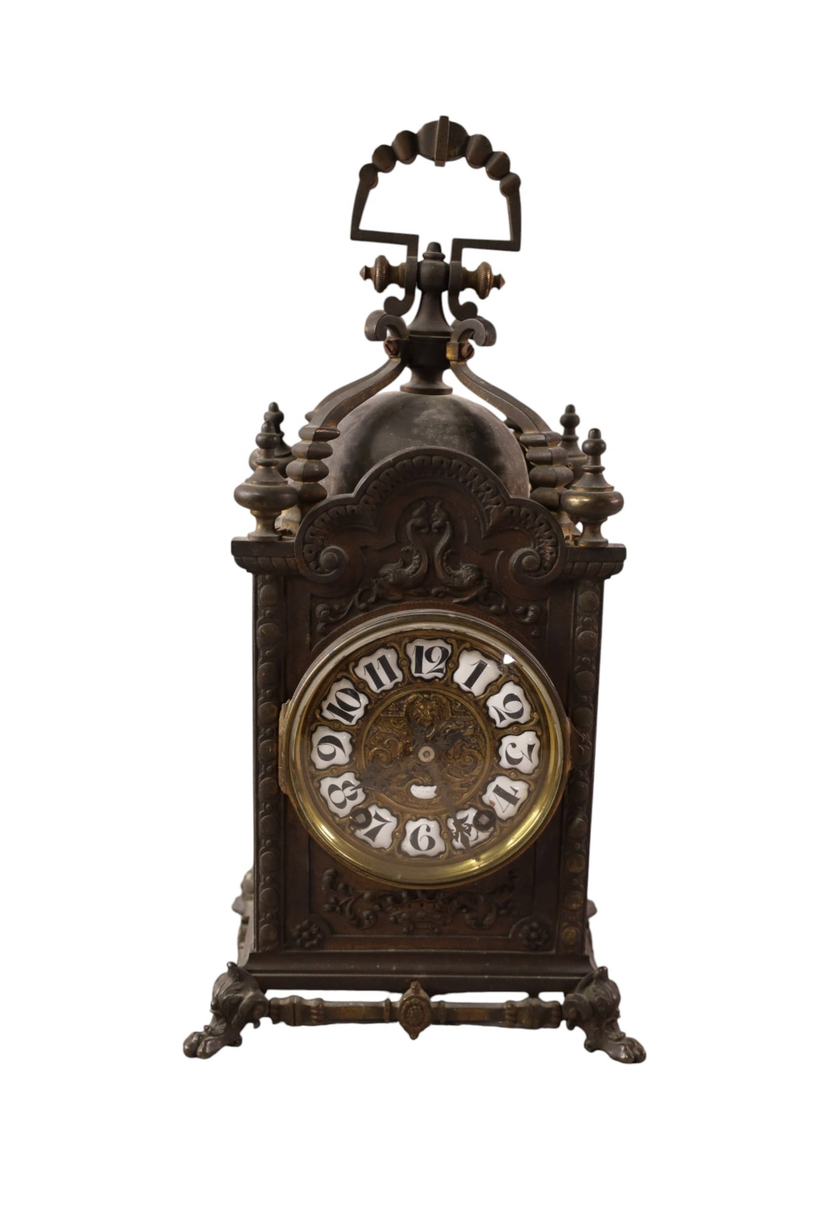 FRENCH MANTLE CLOCK: FRENCH GOTHIC STYLE MANTLE CLOCK, BRASS AND PORCELAIN NUMBER DIAL, GLASS SIDES. 15" H. ALL CLOCKS ARE SOLD AS IS WE DO NOT GUARANTEE WORKING ORDER.