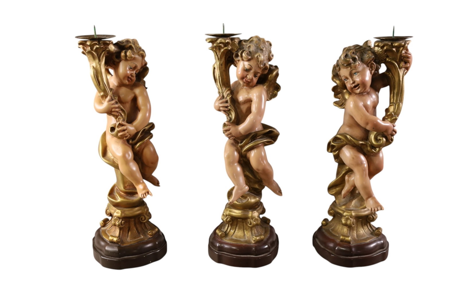 SET OF 3 FIGURAL CANDLESTICKS: 3 PUTTI FORM CANDLESTICKS, COMPOSITION CANDLESTICKS, 14" H.