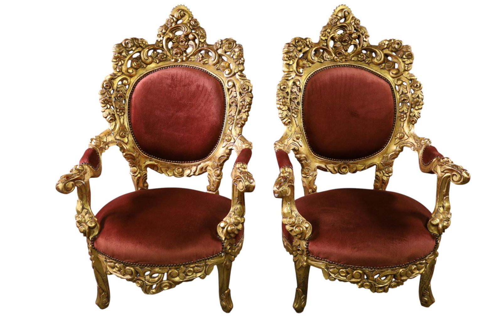PAIR OF LARGE FRENCH STYLE PARLOR CHAIRS: PAIR OF LARGE GOLD GILT FRENCH STYLE PARLOR CHAIRS, BRASS TACKED, SOME LOSS TO FINISH. AGE SPLITS. REPAIRS. 31" W x 26" D x 50" H. THIS ITEM EXCEEDS SIZE LIMITATIONS FOR IN HOUSE SHIPPING, MUST BE