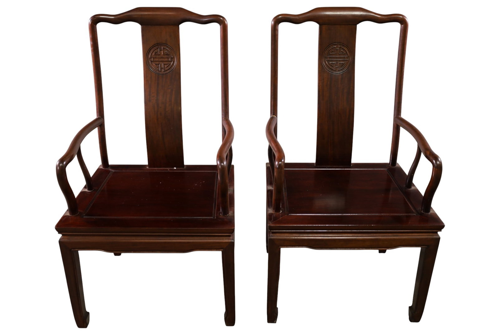 PAIR OF CHINESE HARDWOOD ARMCHAIRS: PAIR OF CHINESE HARDWOOD ARMCHAIRS, REPAIR TO ARM. 22" W x 19" D x 39" H. THIS ITEM EXCEEDS SIZE LIMITATIONS FOR IN HOUSE SHIPPING, MUST BE PICKED UP IN HOUSE OR SHIPPED VIA 3rd PARTY GROUND SHIPPER.