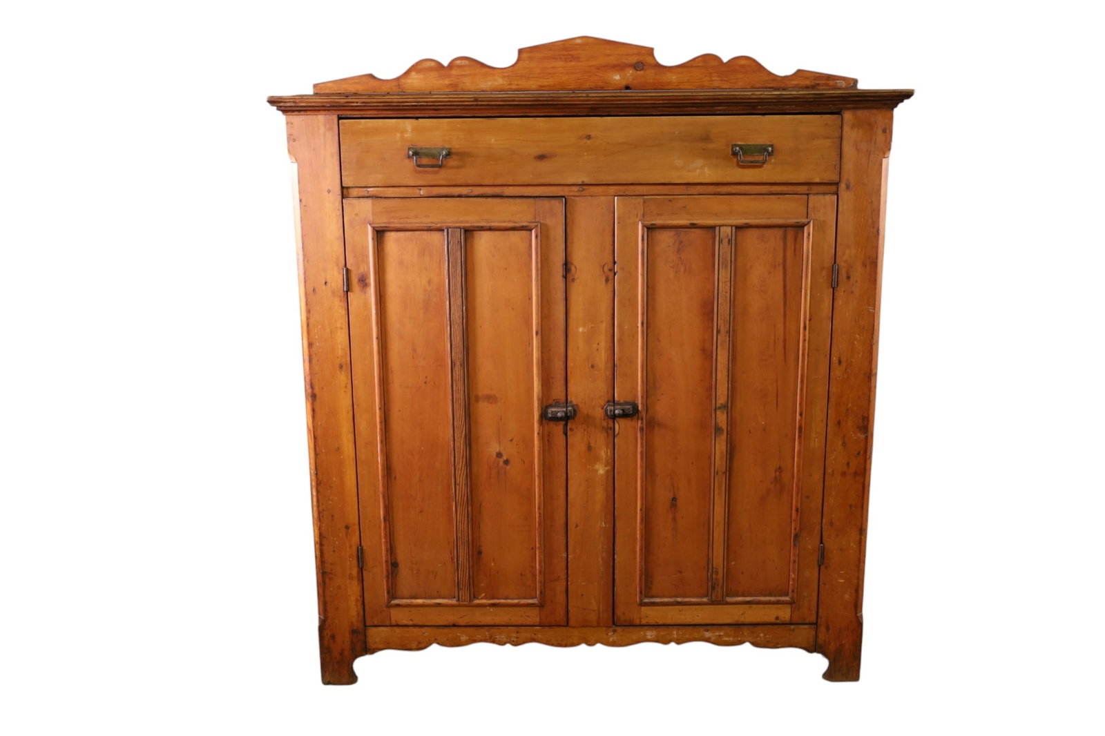 PRIMITIVE PINE CUPBOARD: LARGE PRIMITIVE PINE, SINGLE DRAWER, LARGE DOUBLE DOOR CUPBOARD, WITH INTERIOR SHELVES. 54" W x 18" D x 60" H THIS ITEM EXCEEDS SIZE LIMITATIONS FOR IN HOUSE SHIPPING, MUST BE PICKED UP IN HOUSE OR SH