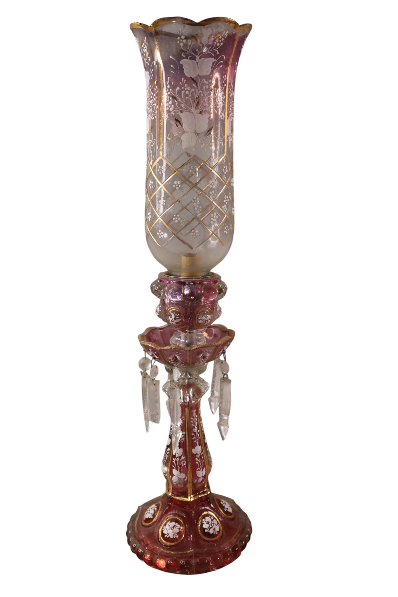 CRYSTAL PRISM LAMP: CRYSTAL PRISM LAMP, ELECTRIFIED, MISSING PRISMS, LOSS TO ENAMEL. 22" H.