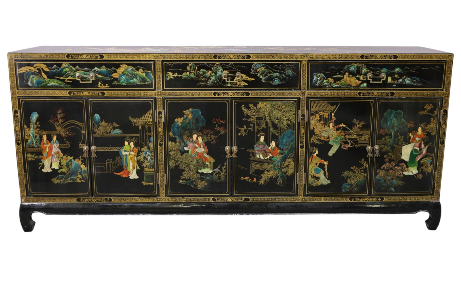 CHINOISERIE STYLE BUFFET: LARGE BUFFET, WITH LOWER DOORS AND FITTED DRAWERS, UPPER DRAWERS, CHINOISERIE STYLE. REAPIRS TO FEET, SOME LOSS TO FINISH. SCRATCHES. 78" W x 19" D x 33" H. THIS ITEM EXCEEDS SIZE LIMITATIONS FOR IN