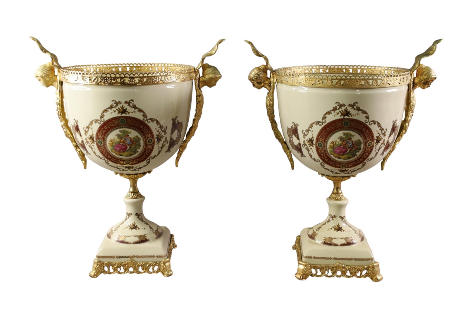 PAIR OF URNS: PAIR OF LARGE CONTEMPORARY URNS, PAINTED PORCELAIN. 10" DIAM 18" H.