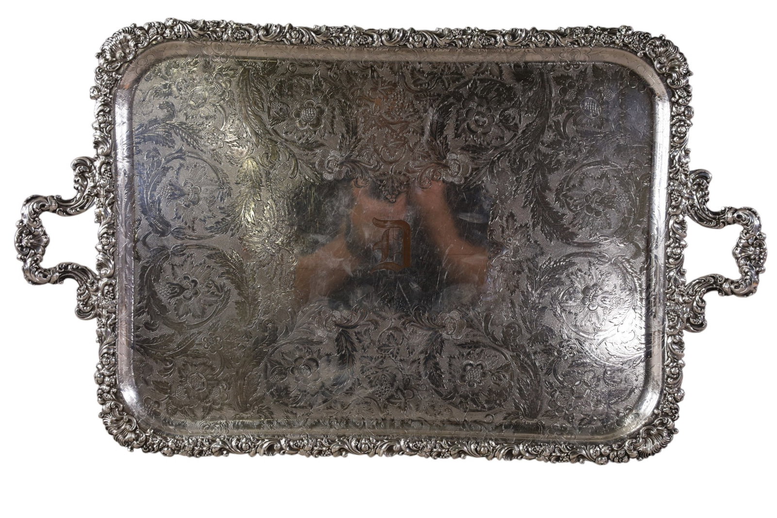 ORANTE SILVERPLATED TRAY: MONOGRAMMED SILVERPLATED TRAY, 27" L x 16" W.