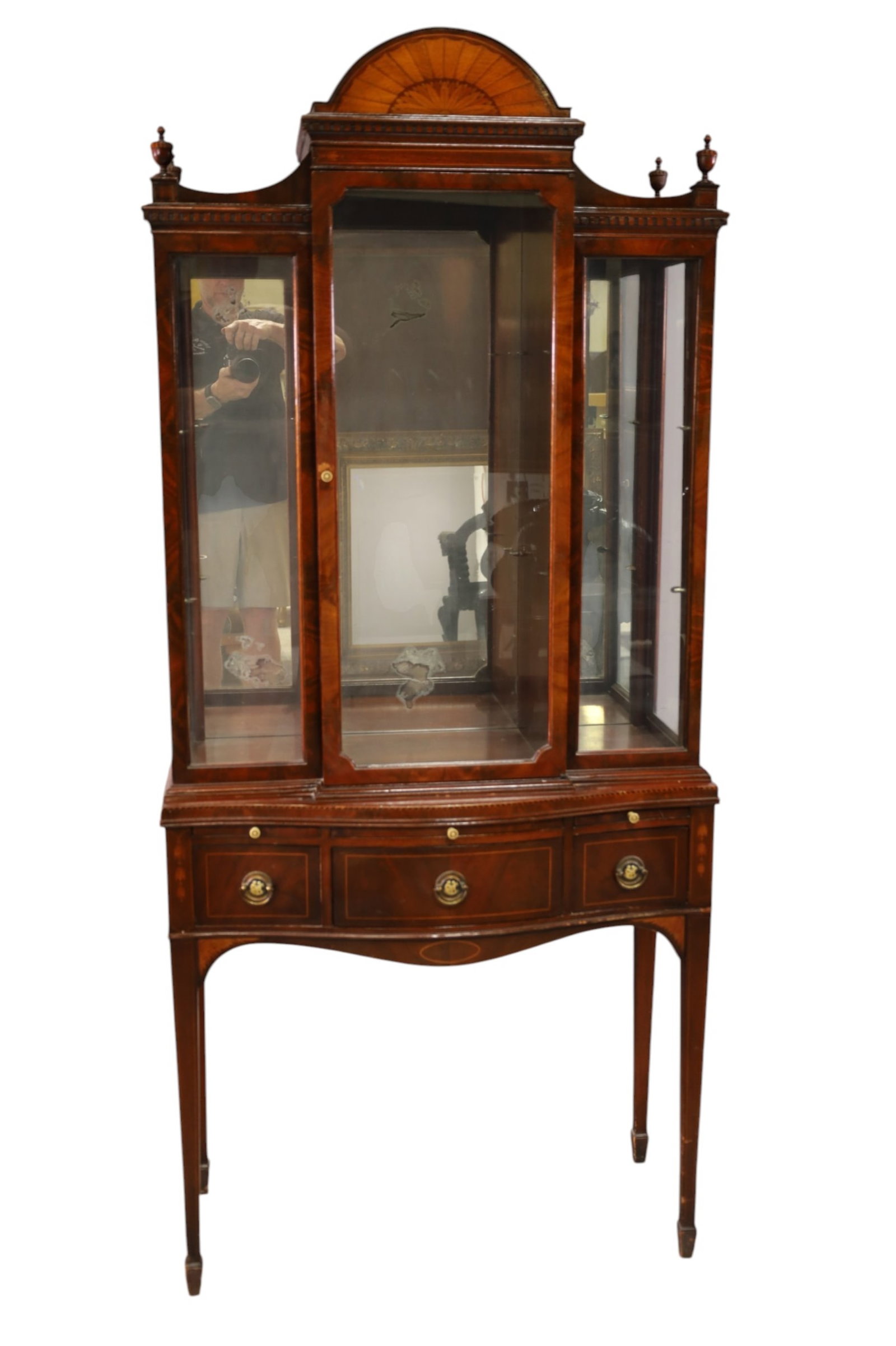 MAHOGANY CURIO: THREE DRAWER MAHOGANY CURIO, PULL OUT TRAYS, MISSING SHELVES, WEAR TO FINISH, SILVERING LOSS TO MIRRORS. 30" W x 14" D x 68" H. THIS ITEM EXCEEDS SIZE LIMITATIONS FOR IN HOUSE SHIPPING, MUST BE