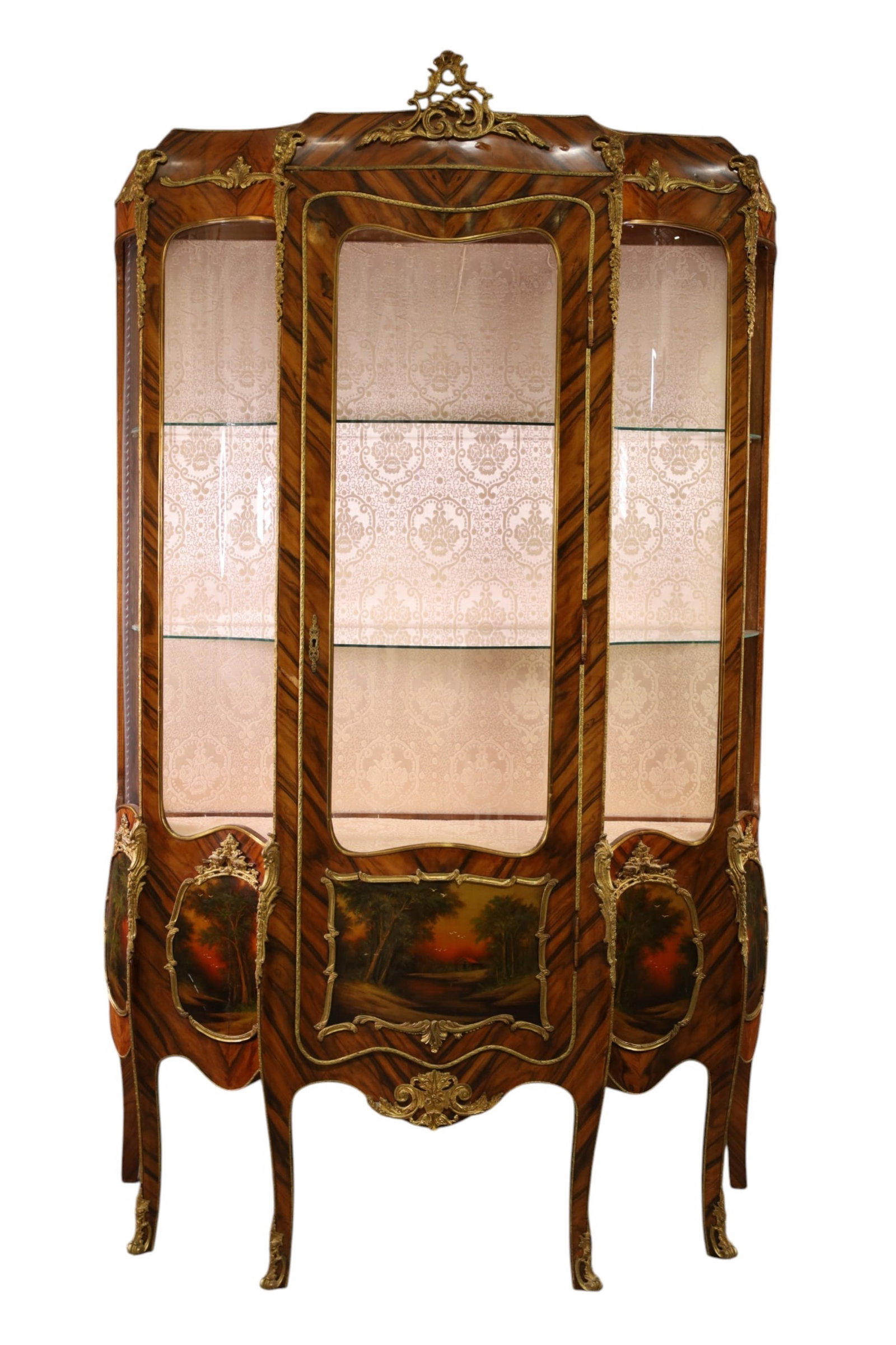 FRENCH STYLE CURIO: LARGE FRENCH STYLE CURIO, BOMBAY PAINTED, FABRIC LINED, MISSING GLASS ON ONE SIDE, WEAR TO FINISH, SCRATCHES. 50" W x 20" D x 82" H. THIS ITEM EXCEEDS SIZE LIMITATIONS FOR IN HOUSE SHIPPING, MUST BE