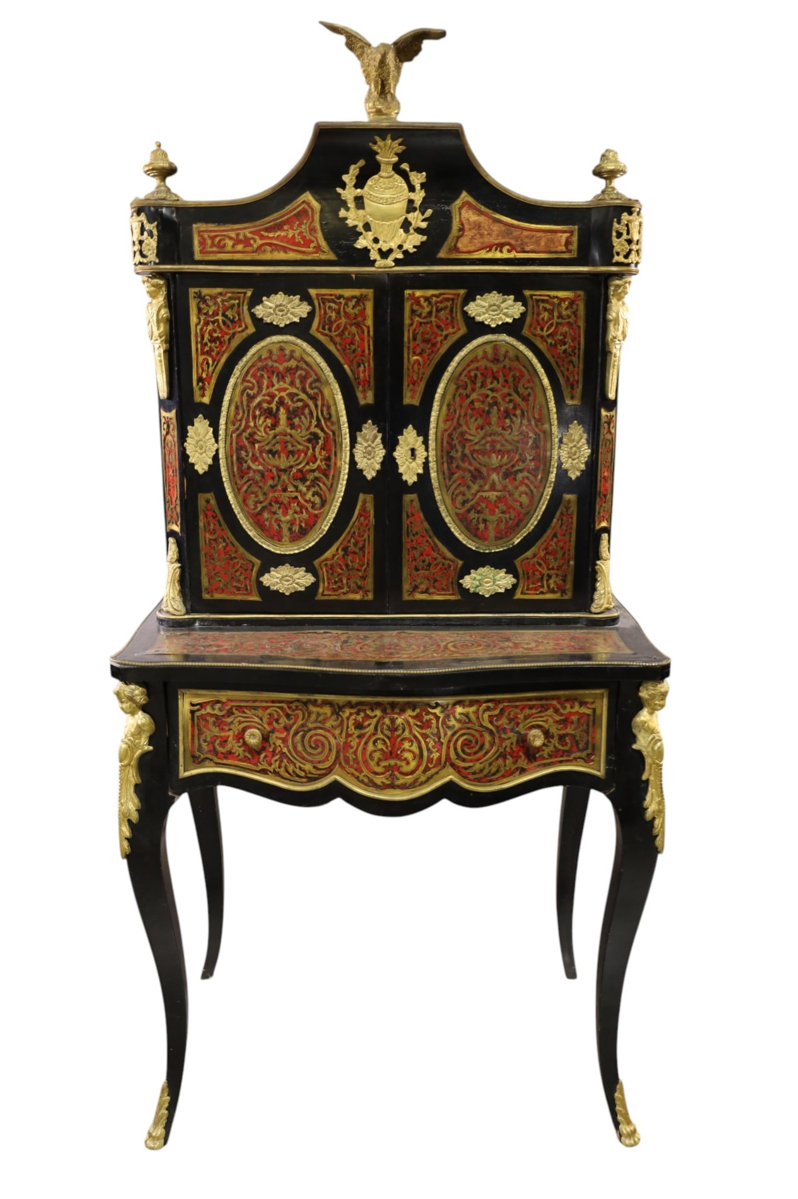 FRENCH BOULLE DESK: FRENCH BOULLE SECRETARY DESK, TWO DOOR UPPER, MISSING SOME BOULLE, 30" W x 18" D x 65" H. THIS ITEM EXCEEDS SIZE LIMITATIONS FOR IN HOUSE SHIPPING, MUST BE PICKED UP IN HOUSE OR SHIPPED VIA 3rd PARTY