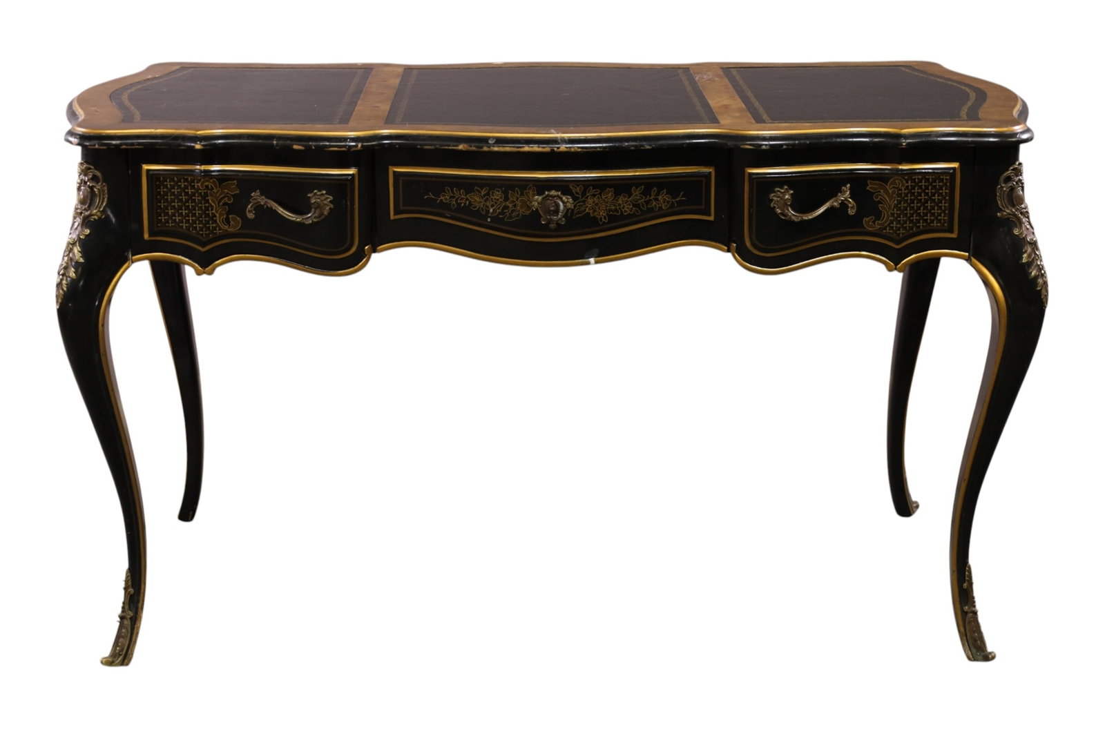 CHINOISERIE STYLE DESK: LEATHER TOP BUREAU PLAT DESK, MARKED DREXEL. 53" W x 26" D x 30" H. THIS ITEM EXCEEDS SIZE LIMITATIONS FOR IN HOUSE SHIPPING, MUST BE PICKED UP IN HOUSE OR SHIPPED VIA 3rd PARTY GROUND SHIPPER.
