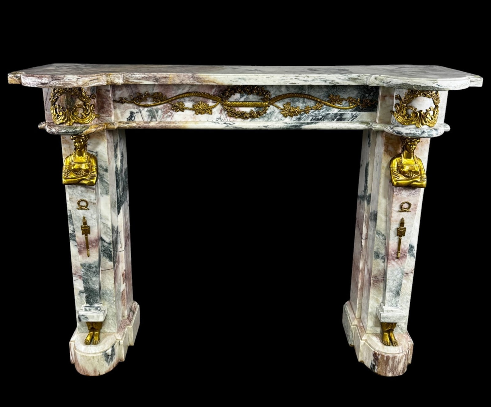 FRENCH MARBLE & FIGURAL BRONZE MANTLE: 3 PIECE MARBLE MANTLE, WITH FIGURAL MOUNTS, WHITE, RED AND GREEN MARBLE. 63" W x 18" D x 48" H. & 41 1/2" W x 39" H. THIS ITEM EXCEEDS SIZE LIMITATIONS FOR IN HOUSE SHIPPING, MUST BE PICKED UP IN