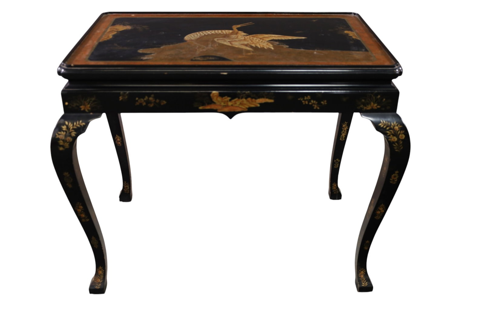 BAKER LAMP TABLE: LACQUERED, BIRD DECORATED LAMP TABLE. 32" W x 20" D x 28" H. THIS ITEM EXCEEDS SIZE LIMITATIONS FOR IN HOUSE SHIPPING, MUST BE PICKED UP IN HOUSE OR SHIPPED VIA 3rd PARTY GROUND SHIPPER.