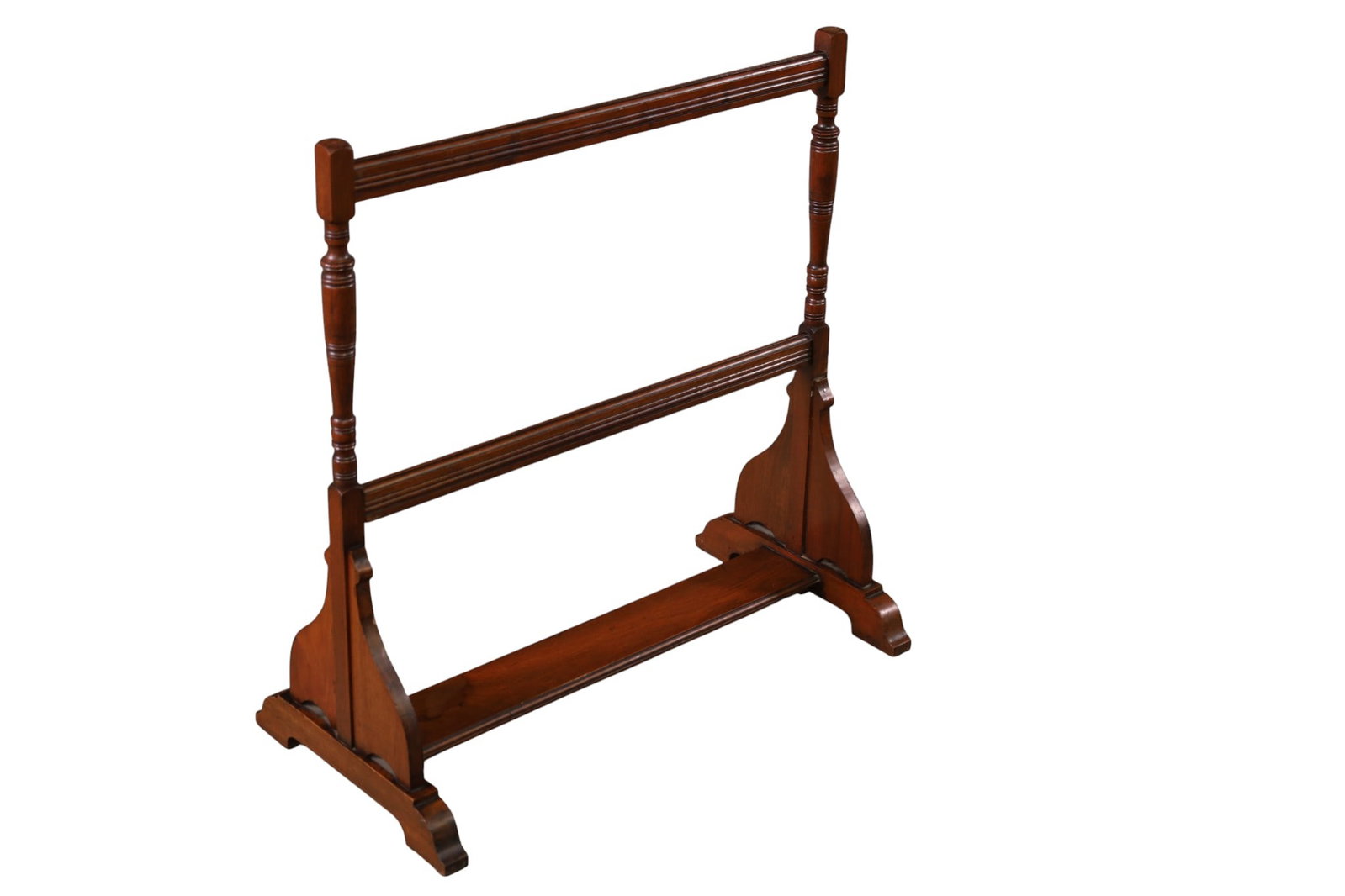 VICTORIAN TOWEL RACK: VICTORIAN MAHOGANY TOWEL RACK, OR QUILT RACK. 24" W x 25 H. THIS ITEM EXCEEDS SIZE LIMITATIONS FOR IN HOUSE SHIPPING, MUST BE PICKED UP IN HOUSE OR SHIPPED VIA 3rd PARTY GROUND SHIPPER.