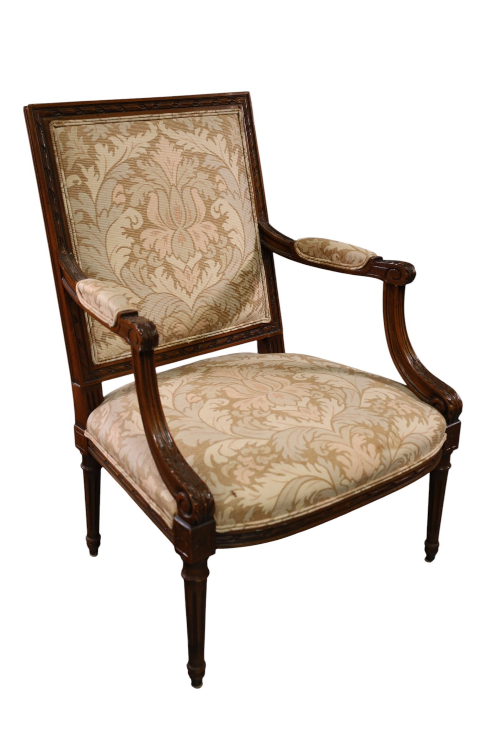 LOUIS XVI STYLE ARMCHAIR: CARVED FRAME ARMCHAIR, LOUIS XVI STYLE ARMCHAIR WITH FLORAL UPHOLSTERY. 26" W x 22" D x 37" H. THIS ITEM EXCEEDS SIZE LIMITATIONS FOR IN HOUSE SHIPPING, MUST BE PICKED UP IN HOUSE OR SHIPPED VIA 3rd