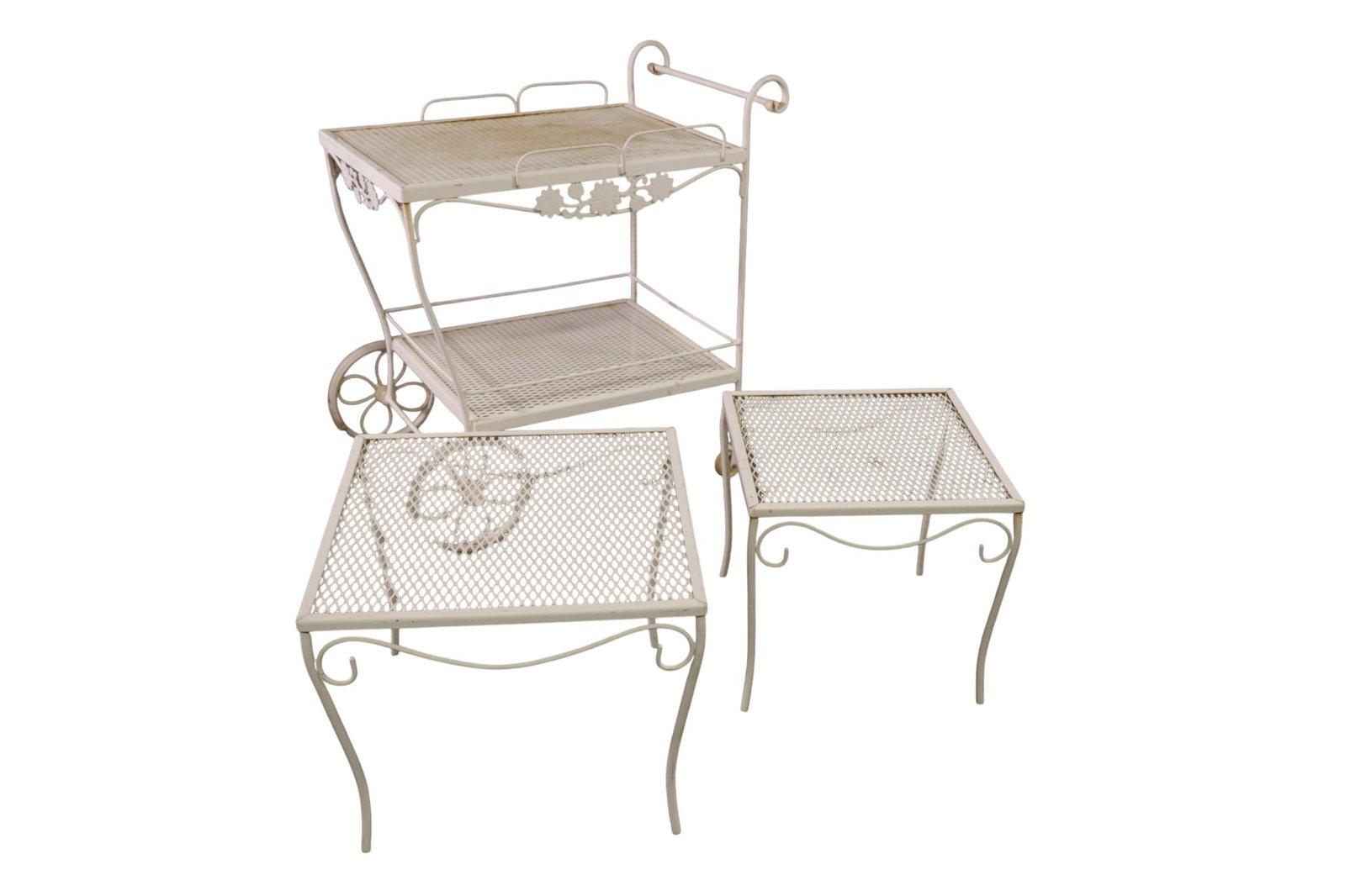 3 PIECES OF RUSSELL WOODARD PATIO: CHANTILLY ROSE WHITE VINTAGE RUSSEL WOODARD PATIO, TWO SIDE TABLES AND CART. AOME PAINT LOSS AND RUST. CART, 31" L x 19" W x 33" H & TABLES, 19" W & 16" H. THIS ITEM EXCEEDS SIZE LIMITATIONS FOR IN