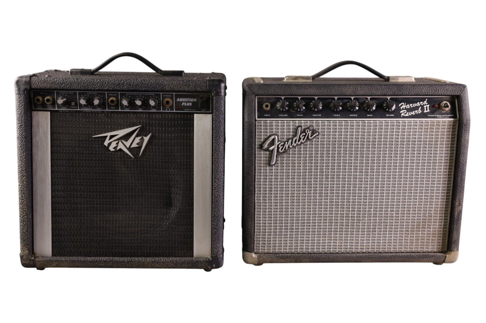 2 VINTAGE GUITAR AMPS: PEAVEY AUDITION PLUS & FENDER REVERB HARVARD II. UNTESTED, UNKNOWN WORKING ORDER. THIS ITEM EXCEEDS SIZE LIMITATIONS FOR IN HOUSE SHIPPING, MUST BE PICKED UP IN HOUSE OR SHIPPED VIA 3rd PARTY GROUND