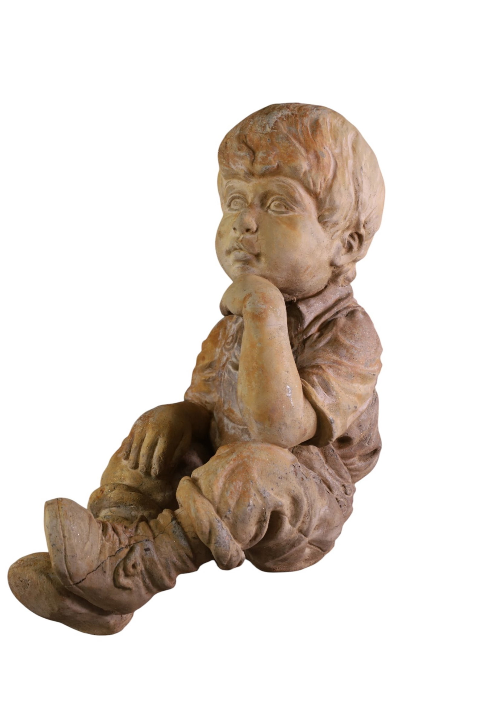 CONCRETE FIGURE: SEATED CONCRETE LITTLE BOY FIGURE, DAMAGE AT BASE. CRACKS. 18" H. THIS ITEM EXCEEDS SIZE LIMITATIONS FOR IN HOUSE SHIPPING, MUST BE PICKED UP IN HOUSE OR SHIPPED VIA 3rd PARTY GROUND SHIPPER.