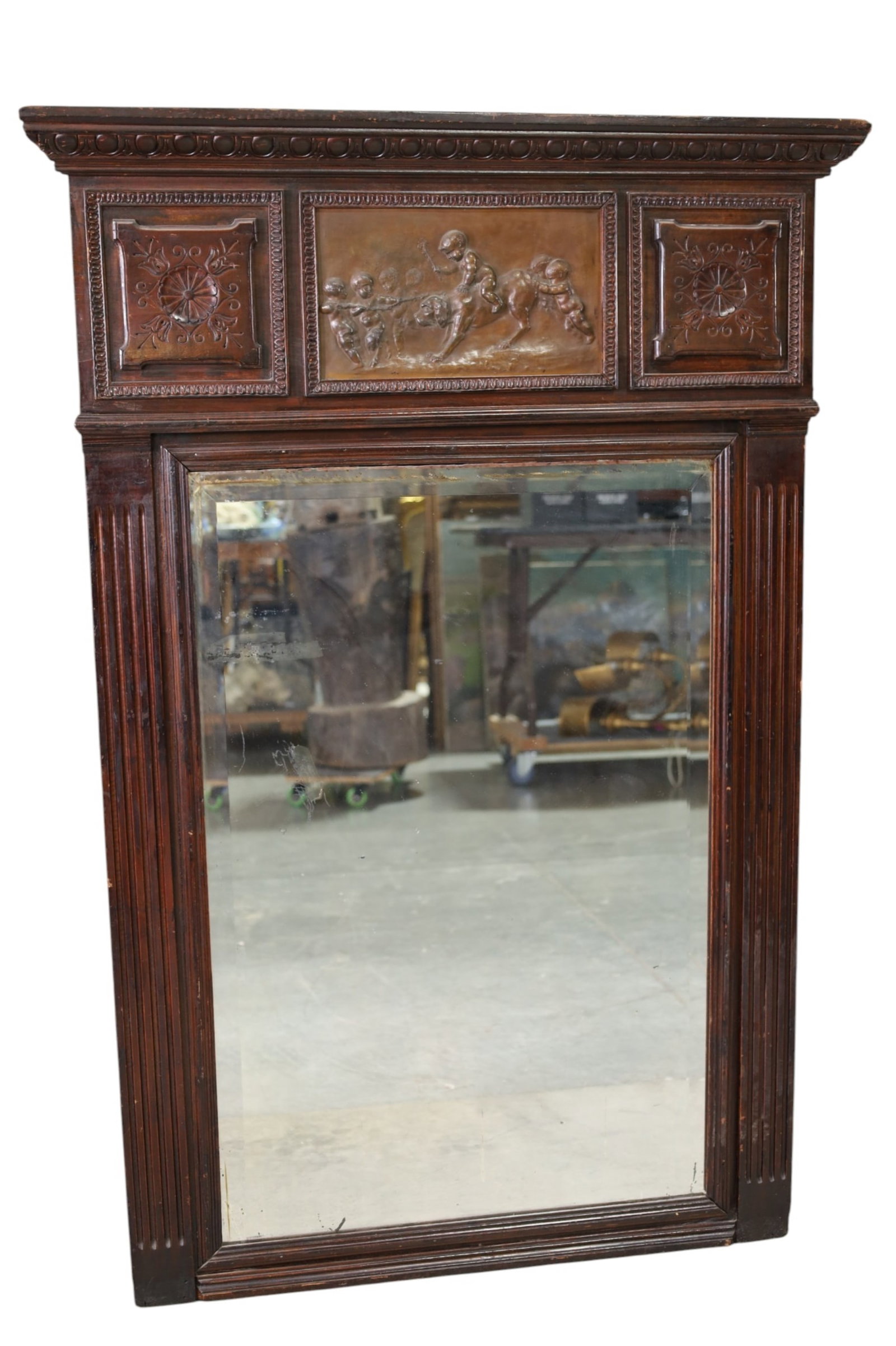 TRUMEAU MIRROR: BRONZE UPPER PANEL, TRUMEAU MIRROR, MISSING SOME MOULDING. SILVERING IS BAD TO MIRROR. 35" W x 52" H. THIS ITEM EXCEEDS SIZE LIMITATIONS FOR IN HOUSE SHIPPING, MUST BE PICKED UP IN HOUSE OR SHIPPED