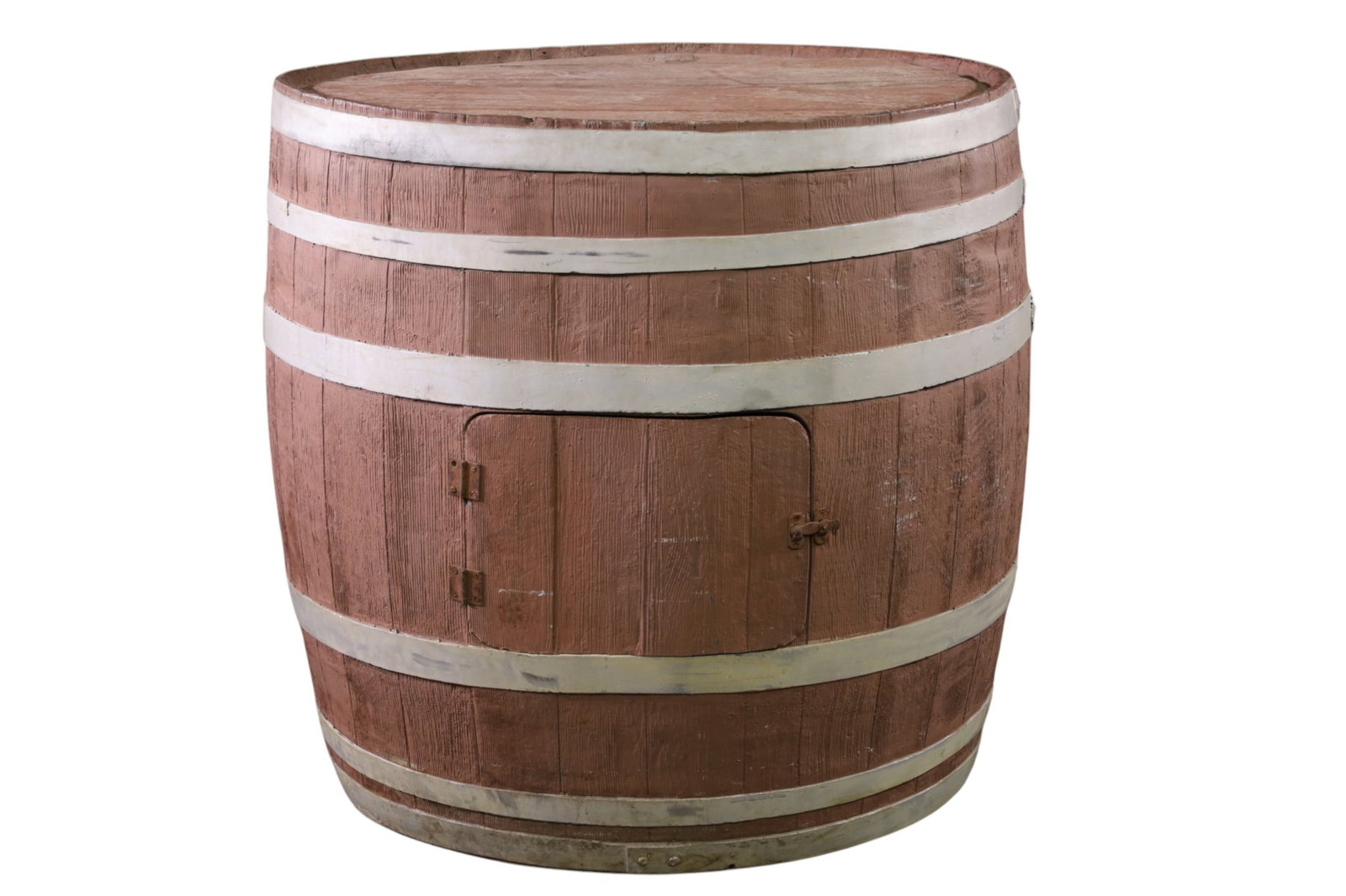 PROP BARREL: LARGE FIBER GLASS PROP BARREL, SMALL FRONT DOOR. SOME PAINT LOSS. 30" W x 19" D x 33" H. THIS ITEM EXCEEDS SIZE LIMITATIONS FOR IN HOUSE SHIPPING, MUST BE PICKED UP IN HOUSE OR SHIPPED VIA 3rd PARTY