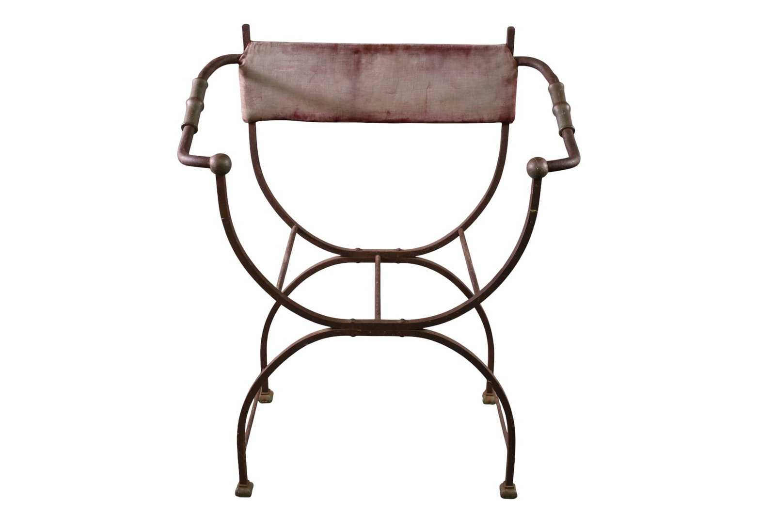 IRON SAVONAROLA CHAIR: MISSING SEAT! SAVONROLA STYLE ARMCHAIR, 30" W x 16" D x 39"H . THIS ITEM EXCEEDS SIZE LIMITATIONS FOR IN HOUSE SHIPPING, MUST BE PICKED UP IN HOUSE OR SHIPPED VIA 3rd PARTY GROUND SHIPPER.