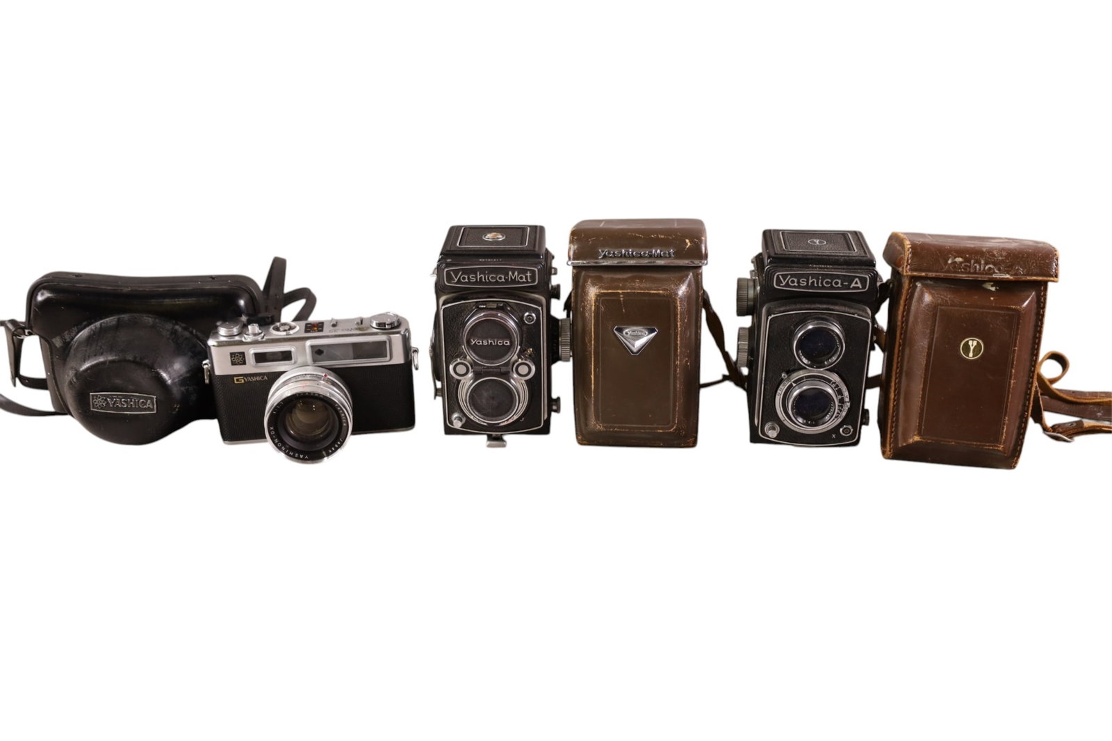 3 YASHICA CAMERAS: 3 VINTAGE YASHICA MEDIUM FORMAT CAMERAS, ELECTRO 35 & YASHIKA MAT & YASHICA A. AS IS UNTESTED.