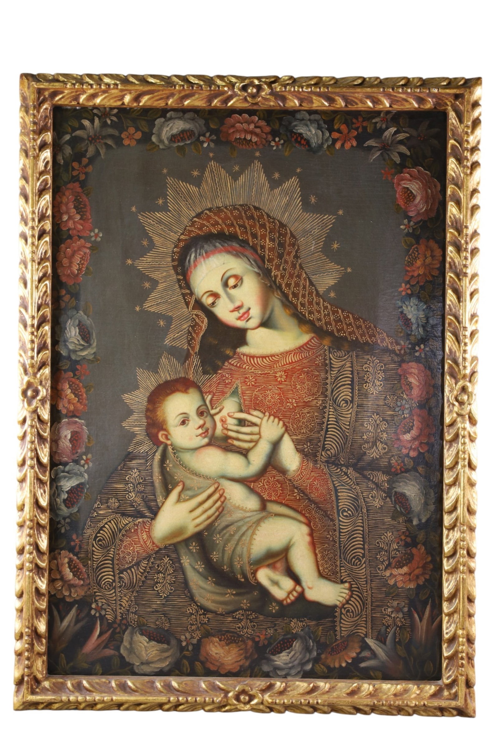 RELIGIOUS PAINTING: LARGE OIL ON CANVAS RELIGIOUS OIL PAINTING, MOTHER FEEDING CHILD. 26" x 36" IN FRAME.
