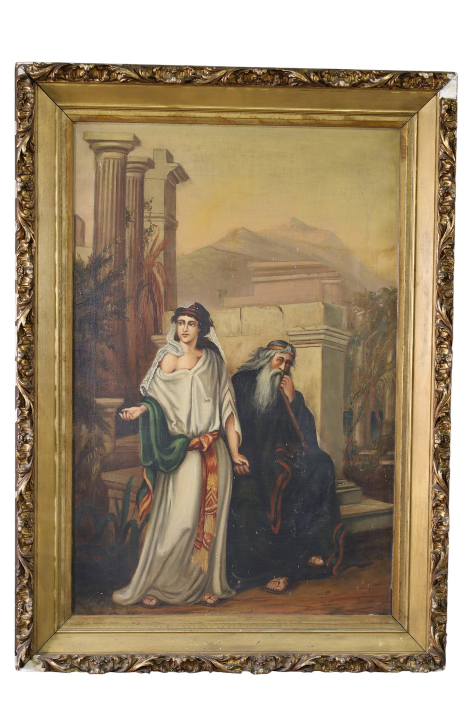 LARGE 19TH CENTURY RELIGIOUS OIL PAINTING: LARGE OIL ON CANVAS RELIGIOUS OIL PAINTING, IN GILT FRAME, UNSIGNED. DAMAGE TO FRAME. OLD REPAIRS. 31" x 44" THIS ITEM EXCEEDS SIZE LIMITATIONS FOR IN HOUSE SHIPPING, MUST BE PICKED UP IN HOUSE OR