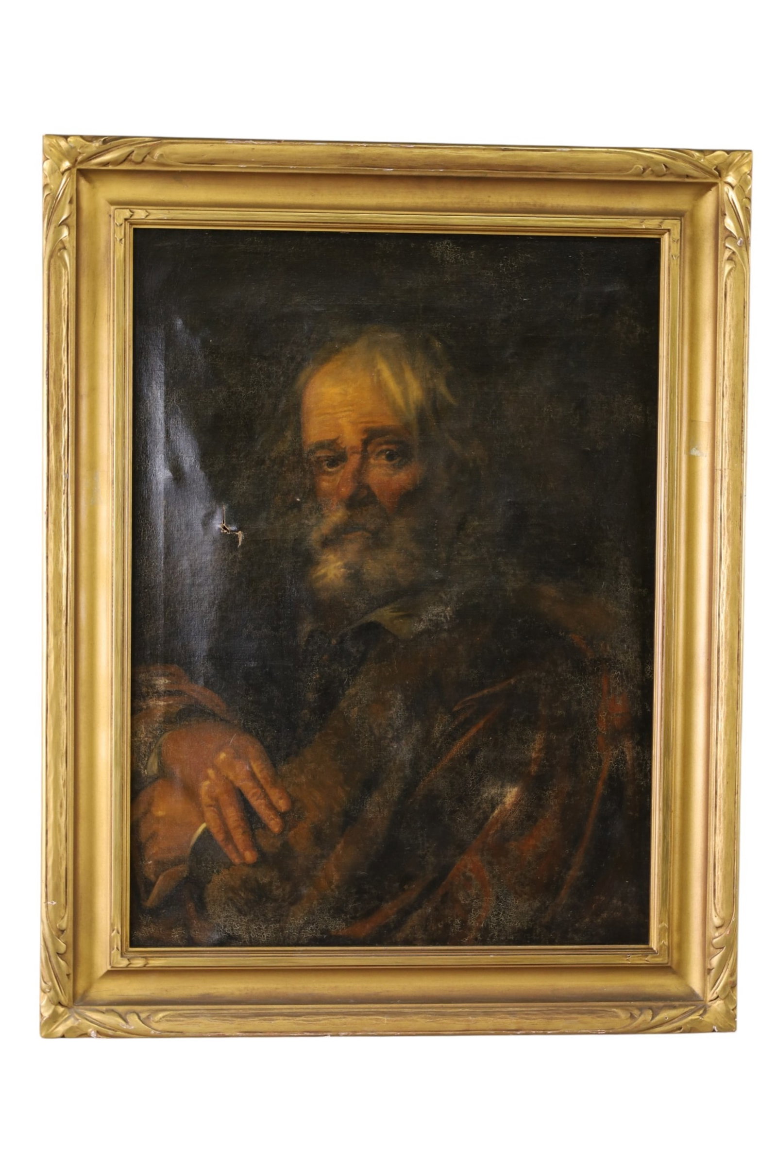 ANTIQUE PORTRAIT PAINTING: OIL ON CANVAS, PORTRAIT PAINTING, IN GILT FRAME. HOLE, CRAZING TO IMAGE. 30" x 38 1/2" IN FRAME.