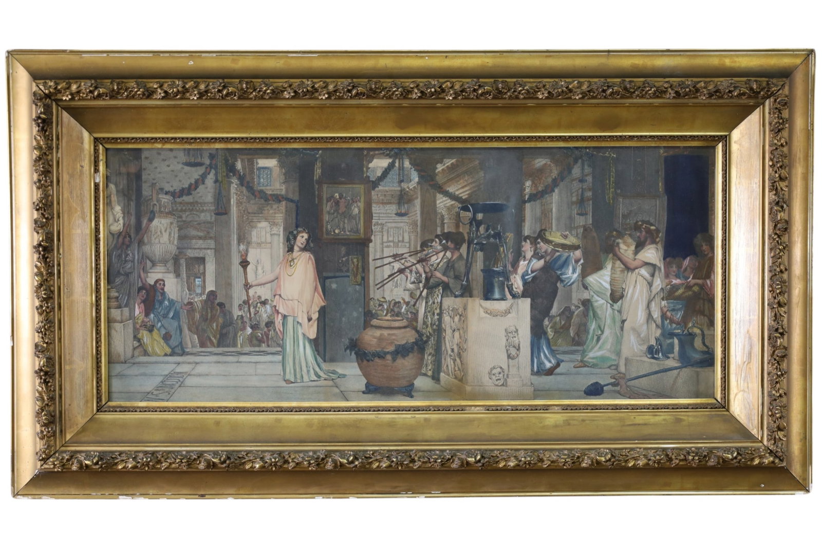 19TH CENTURY HAND TINTED PRINT: LARGE HAND TINTED PRINT, UNDER GLASS IN GILT FRAME. FRAME IS 43" X 24". ITEM EXCEEDS SIZE LIMITATIONS FOR IN HOUSE SHIPPING.