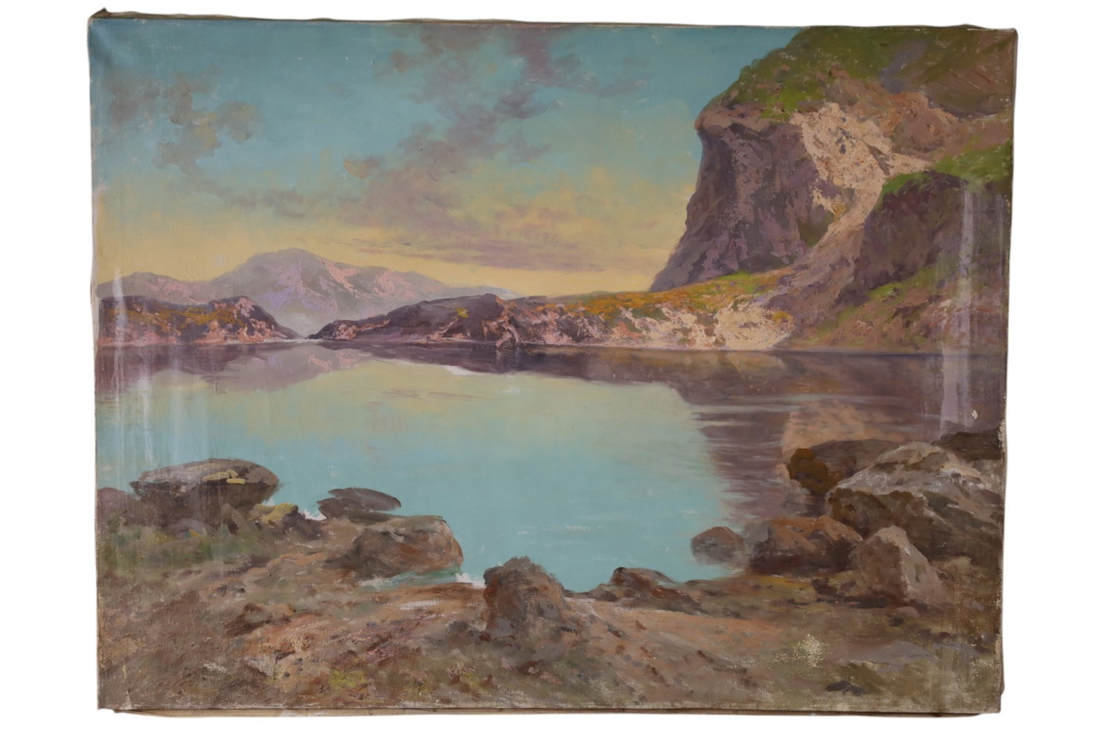JOHN CALIFANO OIL PAINTING: UNFRAMED OIL ON CANVAS, SIGNED ON REVERSE. LAKE SCENE OIL PAINTING. 40" x 30" THIS ITEM EXCEEDS SIZE LIMITATIONS FOR IN HOUSE SHIPPING, MUST BE PICKED UP IN HOUSE OR SHIPPED VIA 3rd PARTY GROUND