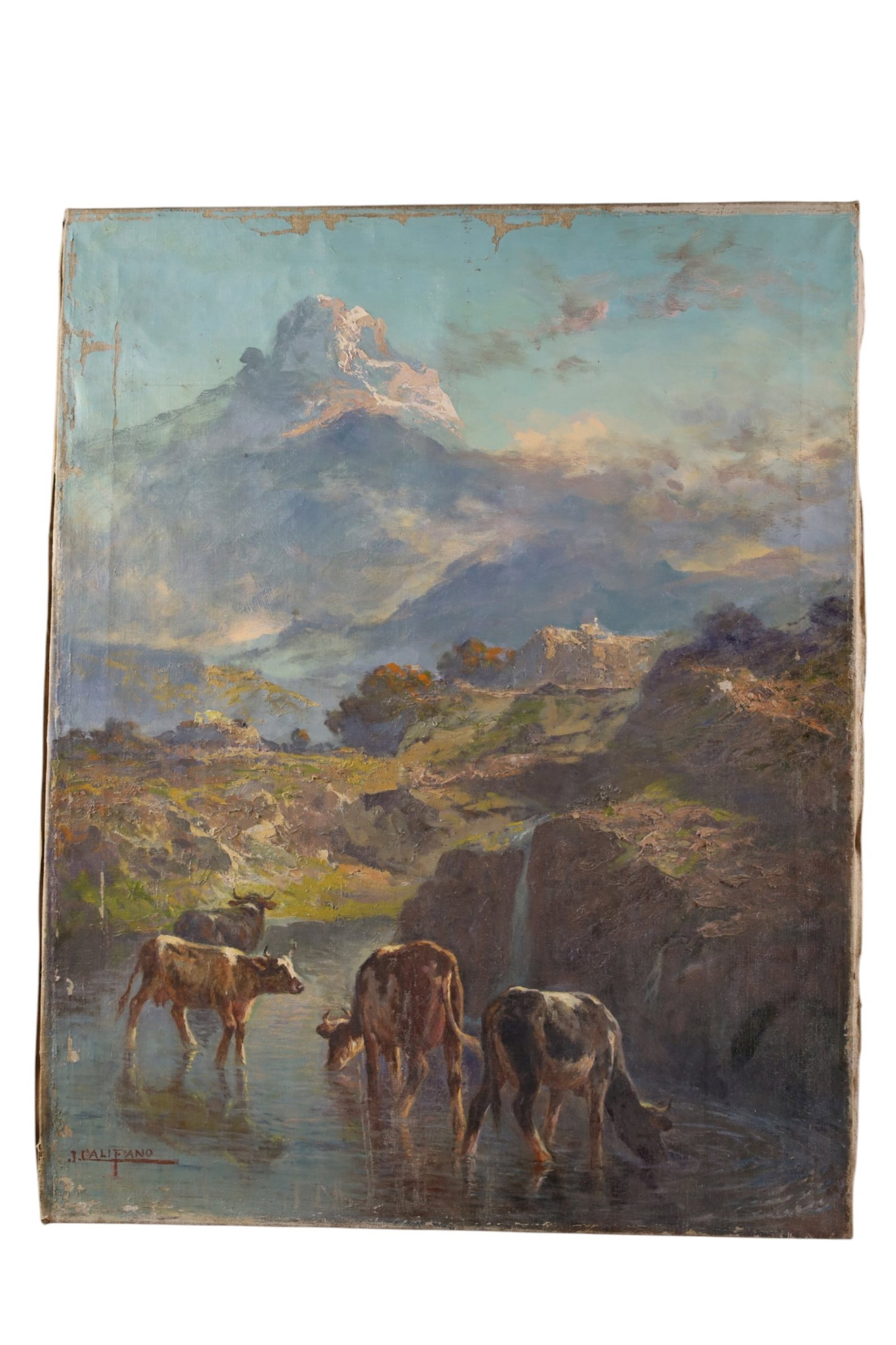 JOHN CALIFANO OIL PAINTING: UNFRAMED OIL ON CANVAS, SIGNED LOWER LEFT. PASTORAL SCENE. PAINT LOSS TO IMAGE. 22" x 28"