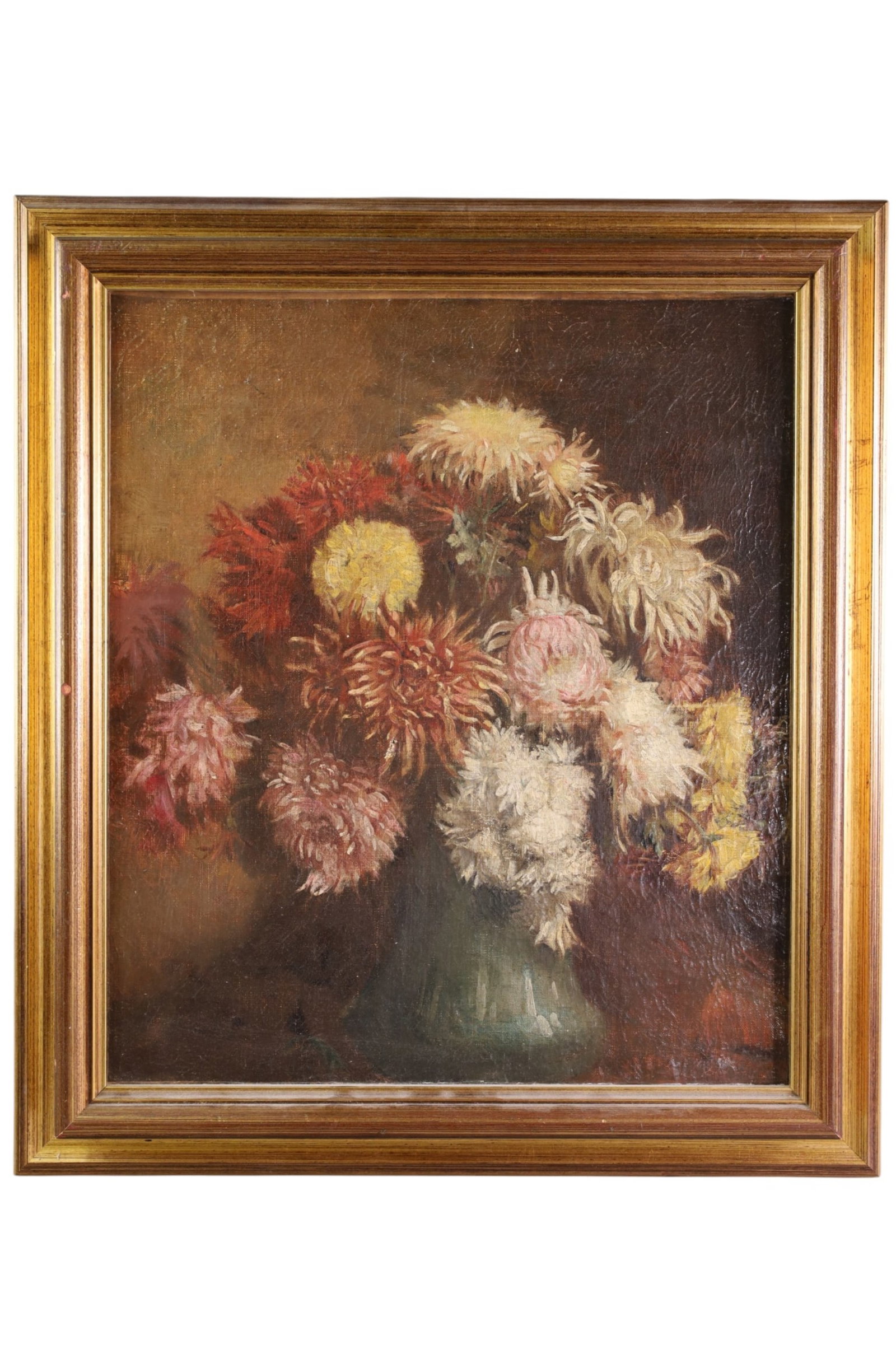 ANTIQUE FLORAL STILL LIFE PAINTING: OIL ON CANVAS, FLORAL STILL LIFE PAINTING. TWO REPAIRS TO CANVAS. 22" x 25"