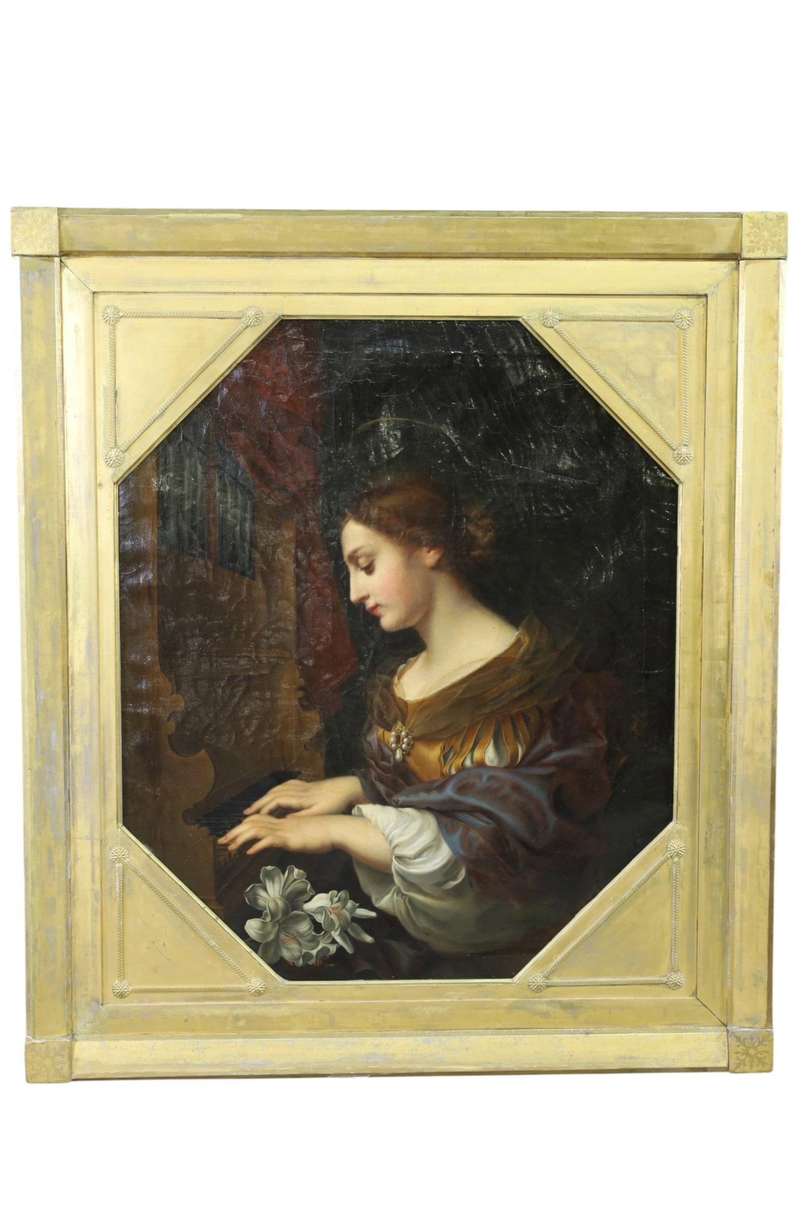 LARGE OIL PAINTING: LARGE OIL PAINTING OF WOMAN PLAYING ORGAN. HAS BEEN RELINED. IN GILT FRAME. ST CECILIA AT THE ORGAN. AFTER CARLO DORCI. 42" x 48" IN FRAME. THIS ITEM EXCEEDS SIZE LIMITATIONS FOR IN HOUSE SHIPPING,