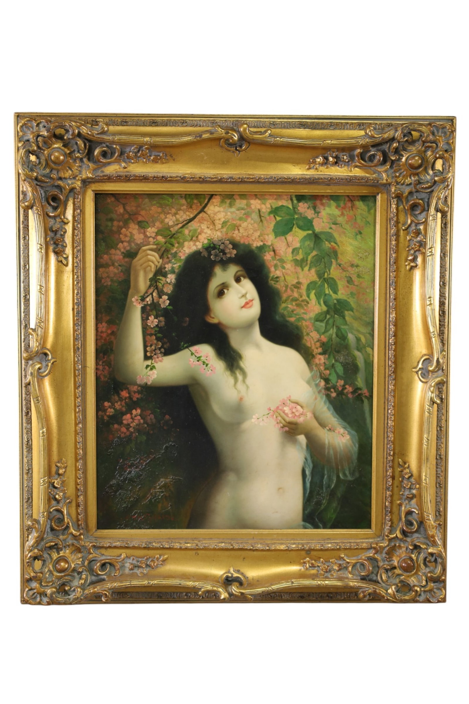 NUDE PORTRAIT PAINTING: OIL ON CANVAS, IN GILT FRAME, PORTRAIT PAINTING OF WOMAN. SIGNED LOWER LEFT. 30" x 34" IN FRAME.