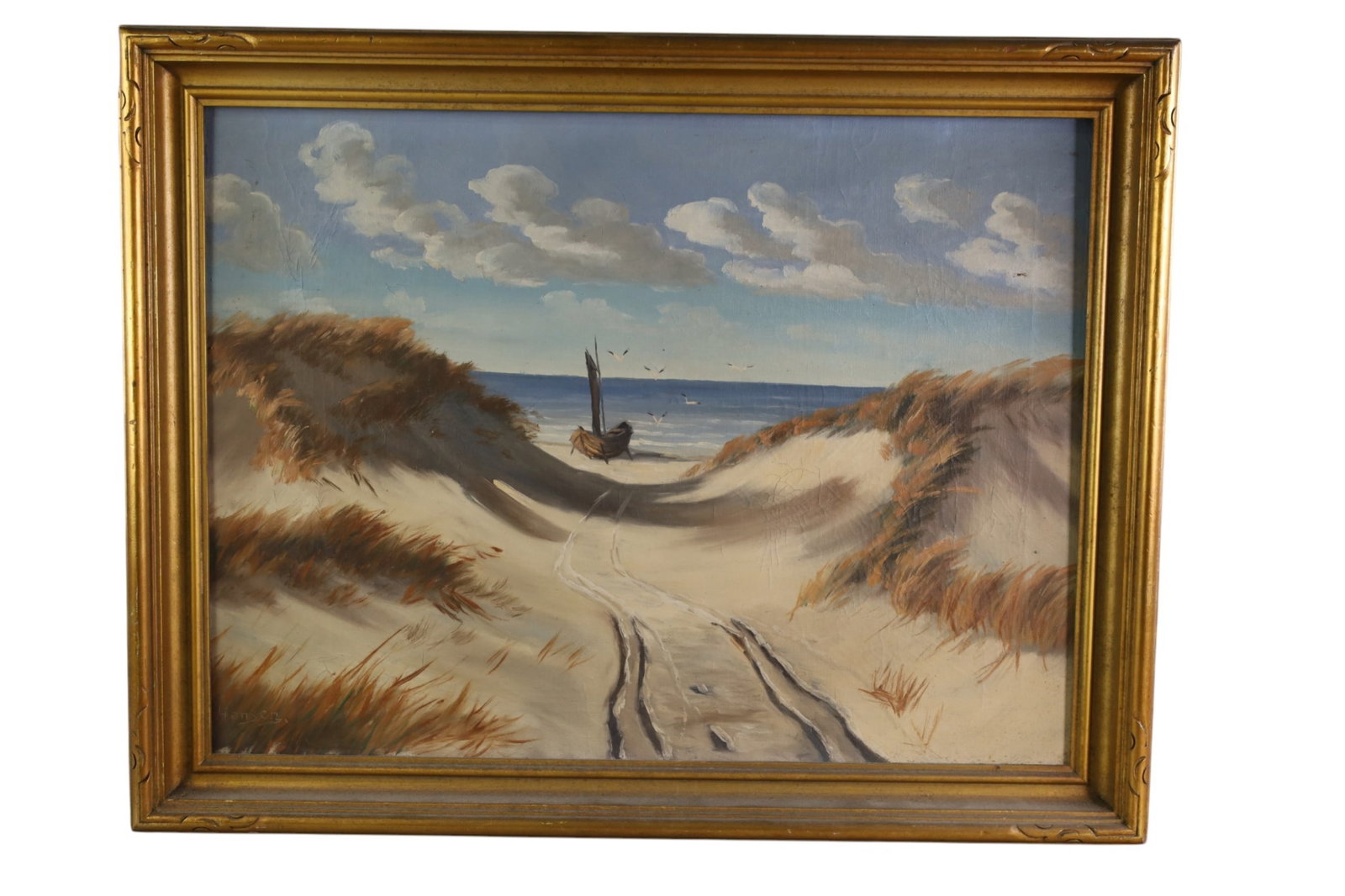 COASTAL LANDSCAPE PAINTING: OIL ON CANVAS, COASTAL LANDSCAPE PAINTING. SIGNED HANSEN. CRAZING TO IMAGE. REPAIR. 24" x 18" IMAGE & 28" x 21" IN FRAME