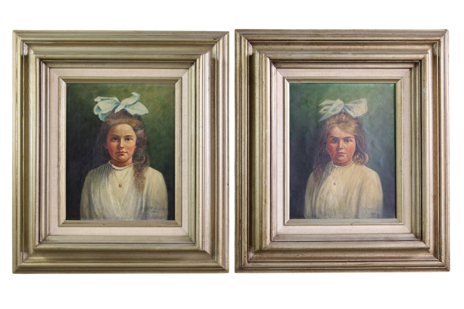 PAIR OF SMALL 1915 PORTRAITS: PAIR OF SMALL OIL PAINTINGS OF LITTLE GIRLS, OIL ON CANVAS, VOLLENWEIDER 15 1/2" x 17 1/2"
