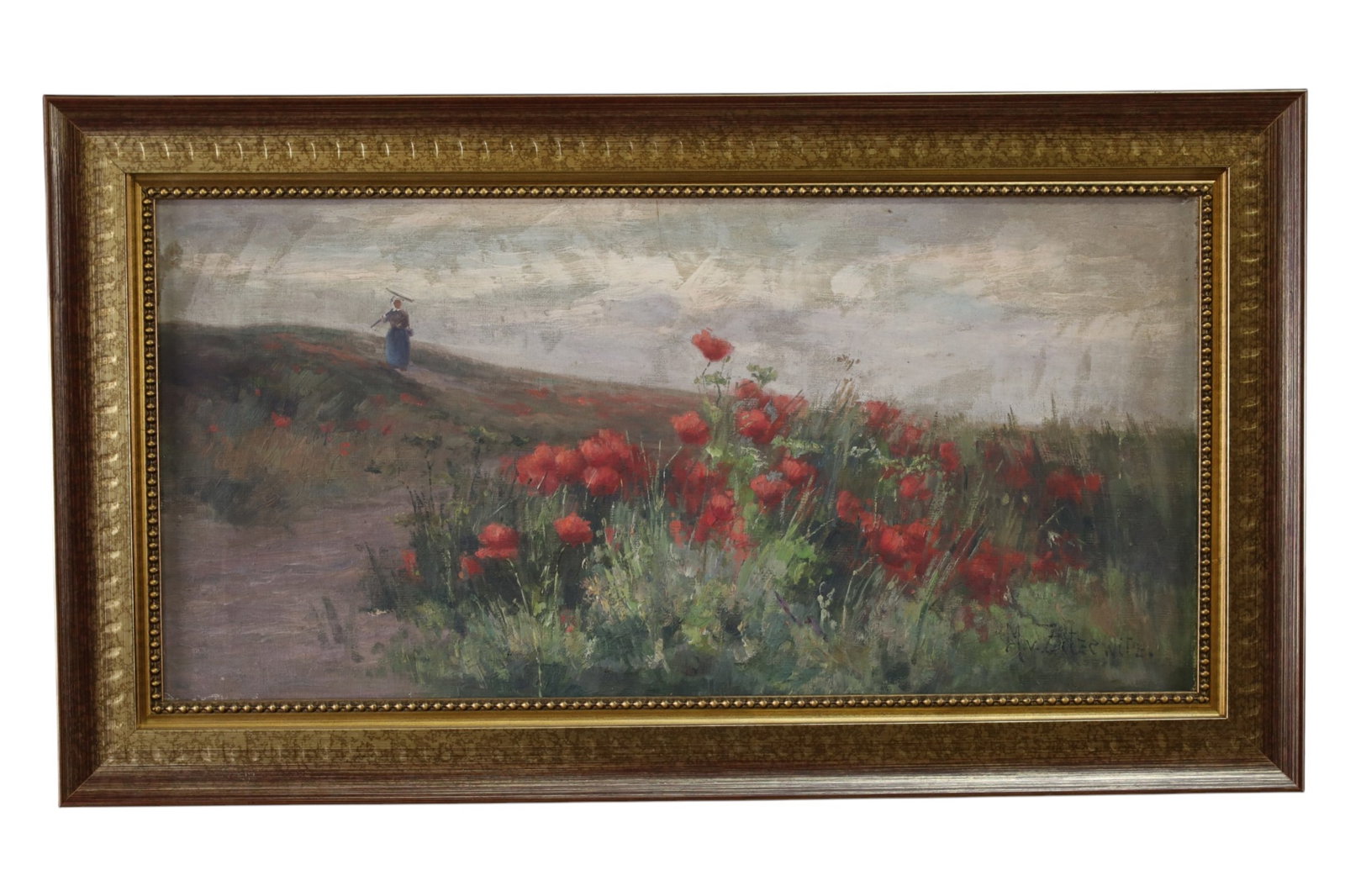 ANTIQUE FLORAL LANDSCAPE OIL PAINTING: OIL ON CANVAS, FLORAL LANDSCAPE PAINTING. SIGNED LOWER RIGHT, 30" x 16" IN FRAME