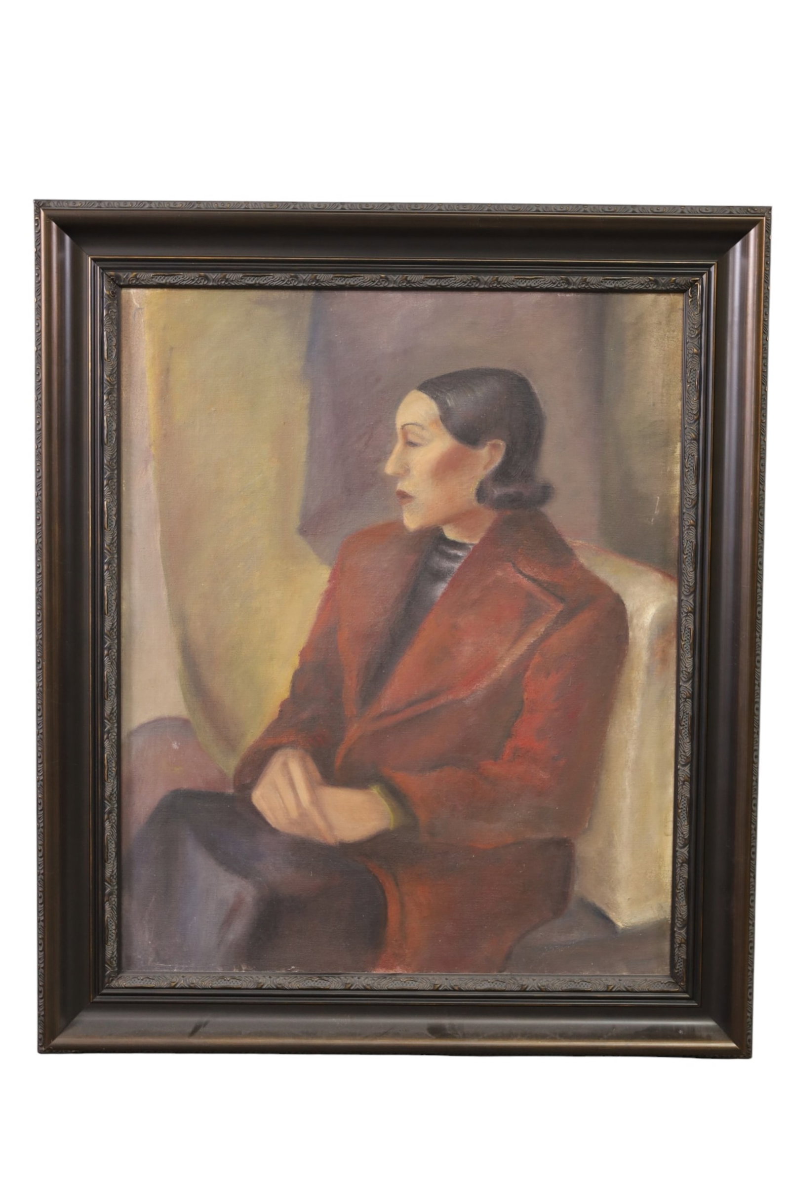 LARGE PORTRAIT PAINTING: LARGE OIL ON CANVAS, UNSIGNED. PORTRAIT PAINTING. 23" X 40" THIS ITEM EXCEEDS SIZE LIMITATIONS FOR IN HOUSE SHIPPING, MUST BE PICKED UP IN HOUSE OR SHIPPED VIA 3rd PARTY GROUND SHIPPER.
