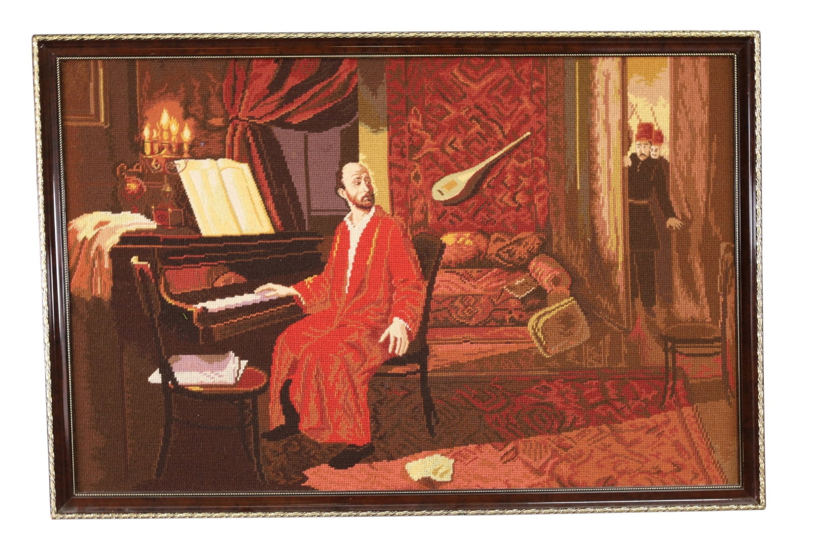 FRAMED TAPESTRY: FRAMED TAPESTRY, INTERIOR SCENE. 38 1/2" x 26"