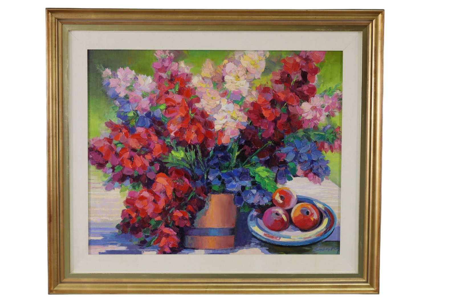 PETER EGEGHY OIL PAINTING: OIL ON CANVAS, SIGNED PETER EGEGHY, FLORAL STILL LIFE PAINTING. 41 1/2" x 36" THIS ITEM EXCEEDS SIZE LIMITATIONS FOR IN HOUSE SHIPPING, MUST BE PICKED UP IN HOUSE OR SHIPPED VIA 3rd PARTY GROUND