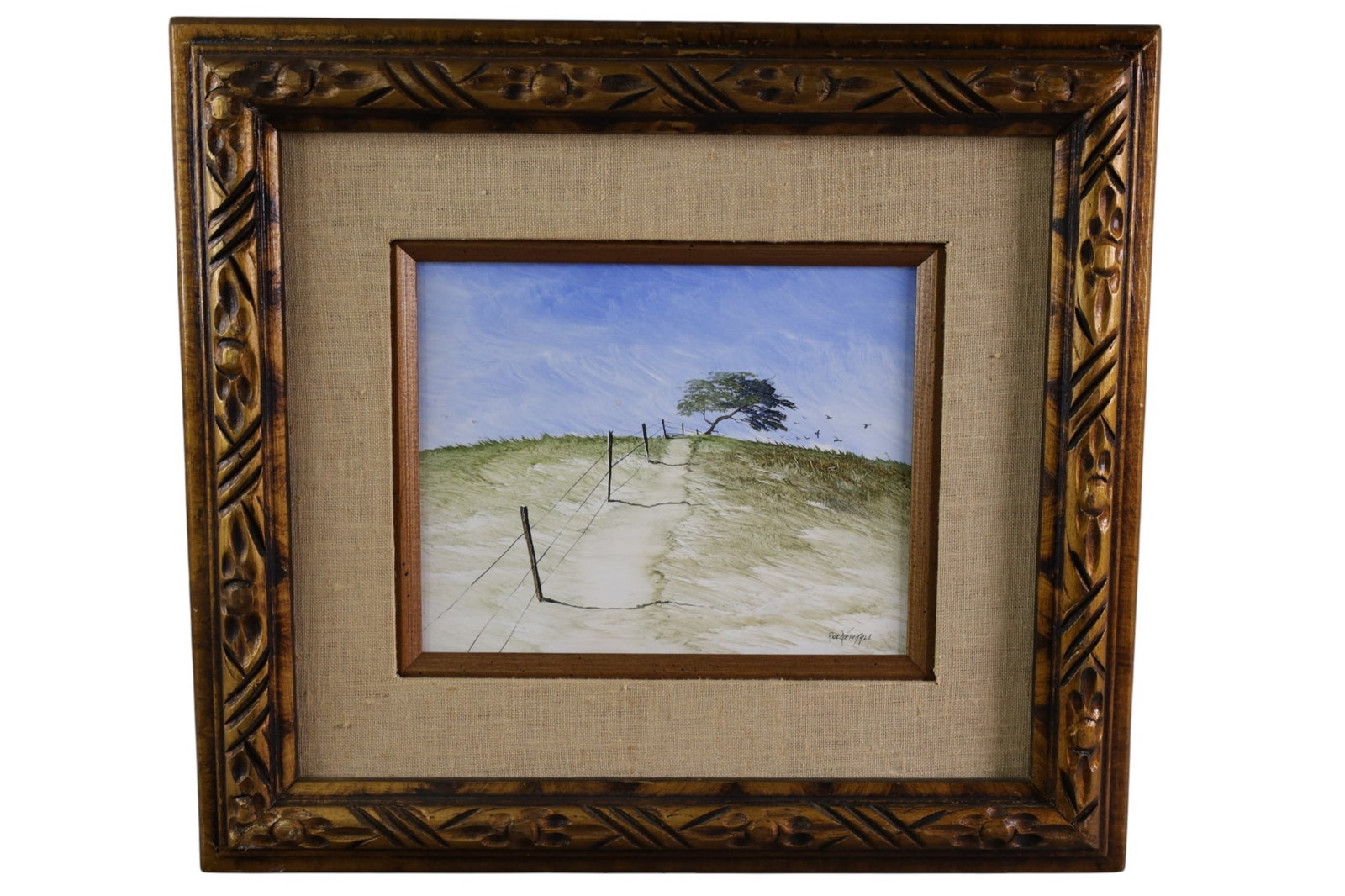 ROD NEWHALL OIL PAINTING: OIL ON BOARD, LANDSCAPE OIL PAINTING, IN GILT FRAME. 18" x 16